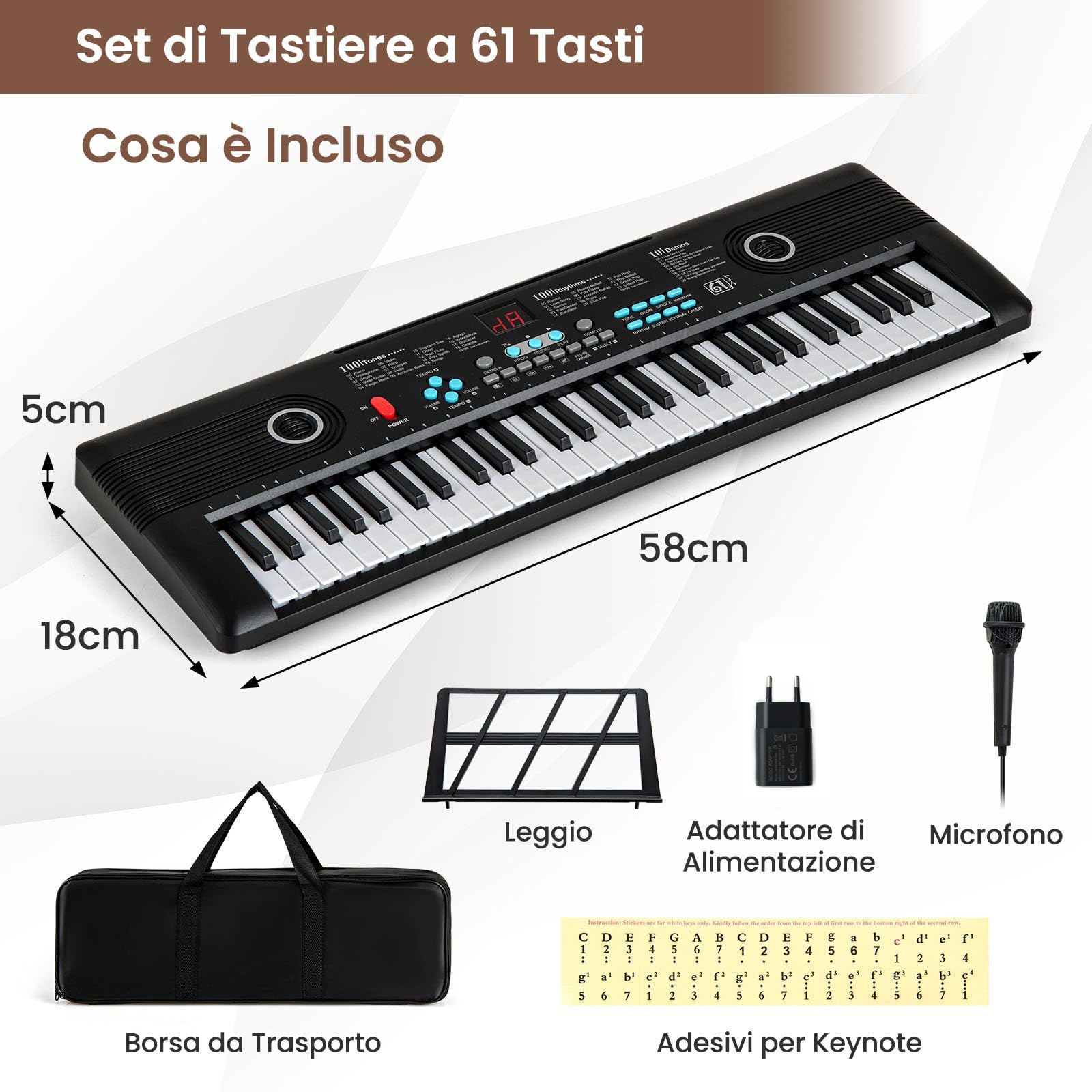 COSTWAY Pianoforte Digitale a 61 Tasti, Pianoforte Elettronica con Supporto, Microfono, Pianoforte Portatile con Adesivi per Tasti e Borsa da Trasporto, per Bambini e Adulti (Nero)