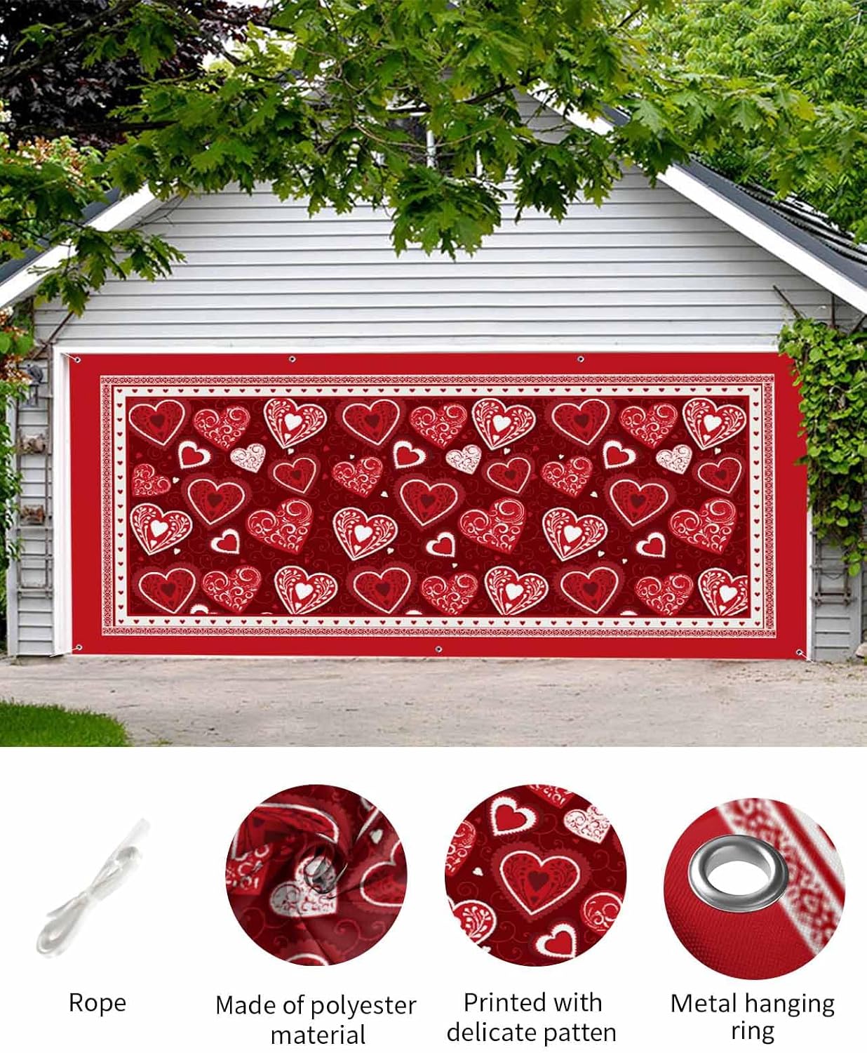 Washable Valentine's Day Garage Door Decorations Reusable Hanging Garage Door Banner Cover Valentine's Day Red Love Heart Garage Backdrop for Indoor Outdoor Decor,72x156 Inch