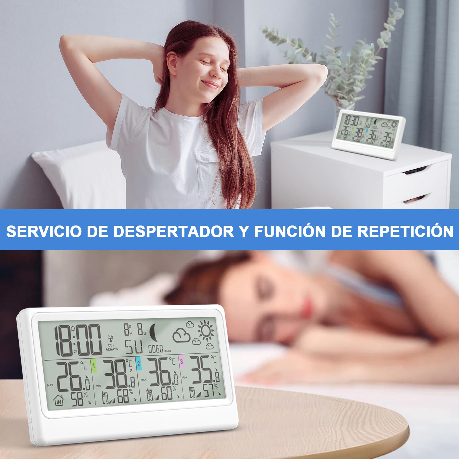 Estacion Meteorologica Inalámbrica Con 3 Sensores, Termómetro Higrómetro Barómetro Interior Exterior Pantalla LED De 8.5', Reloj Atómico Pronóstico Del Tiempo Temperatura Humedad Reloj Digital Alarma