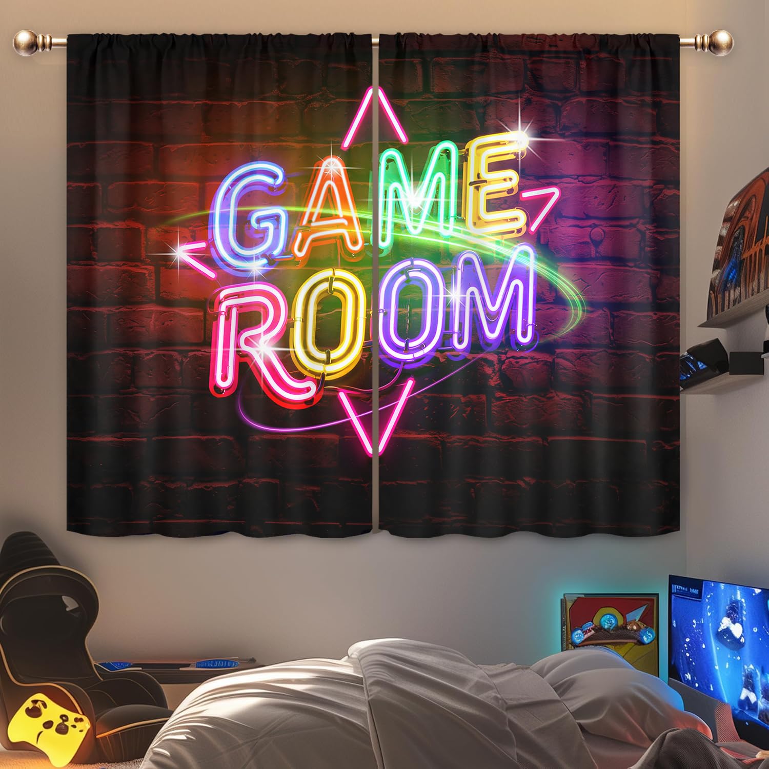 Mitpok Kids Game Room Gaming Curtains for Boys Bedroom 42Wx63H Inch Rod Pocket Neon Gamer Funny Video Game Cool Fun Teens Boy Modern Unique 2 Panels Window Treatment Set for Living Room Decor