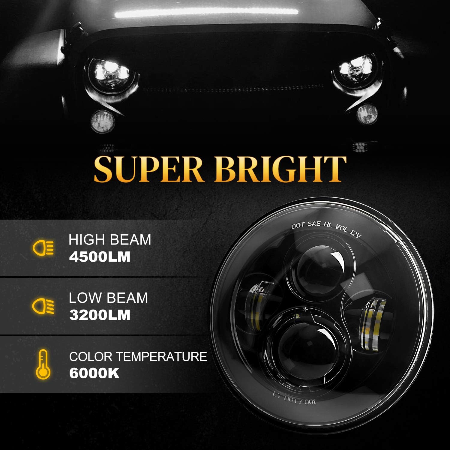 LX-LIGHT DOT Approved 7'' Black LED Headlights + 4 '' LED Fog Lights Compatible with Jeep Wrangler 97-2017 JK TJ LJ