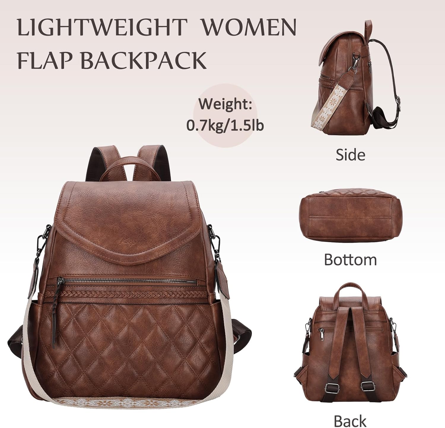 Kasqo Backpack Purse for Women,PU Leather Fashion Flap Quilted Backpack Ladies Handbag Convertible Shoulder Bag for Work Travel College with Guitar Strap Brown - Image 6