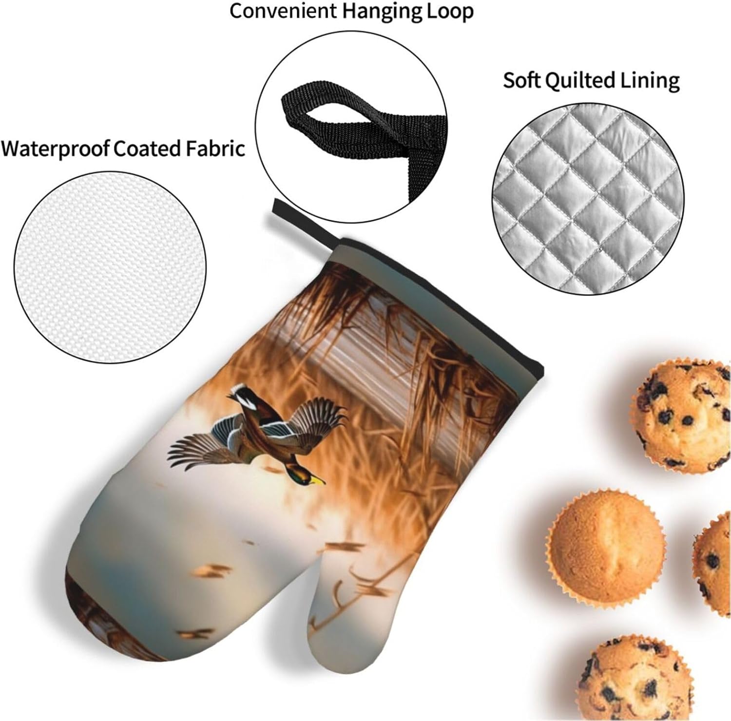 (Hunting Flying Wild Duck) Baking 4-Piece Set: 2 Oven Mitts and 2 Pot Holders Heat Resistant Waterproof Hanging Loop for Kitchen Oven Grill Housewarming Gifts