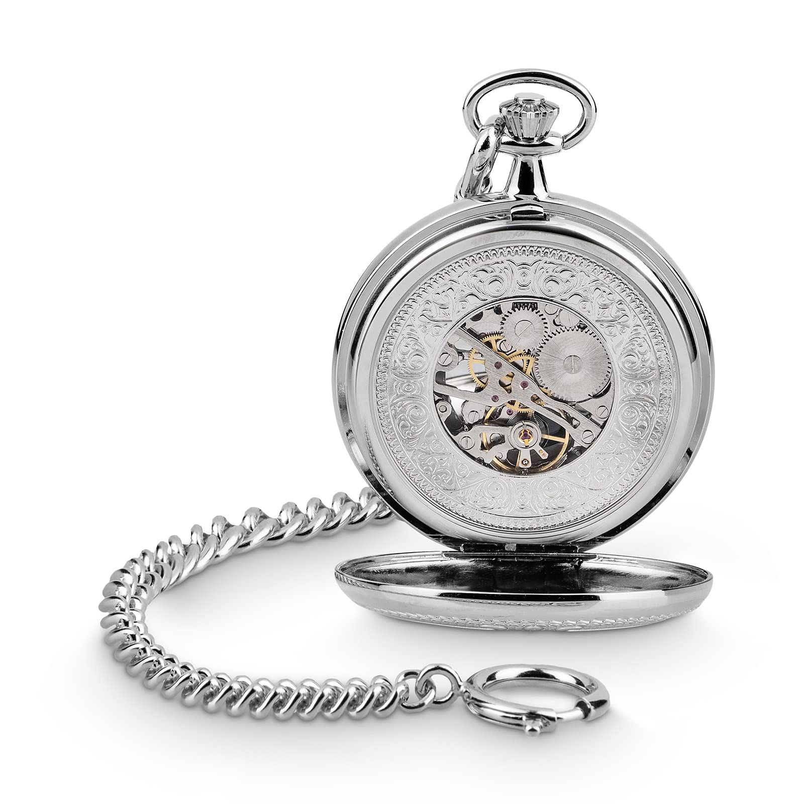 Hermann Jäckle Herren Taschenuhr Wien Silberfarben Skelett 50 mm | Made in Germany, Skelett-Design, Handaufzugswerk, beidseitig offen, inklusive Kette und Reiseetui