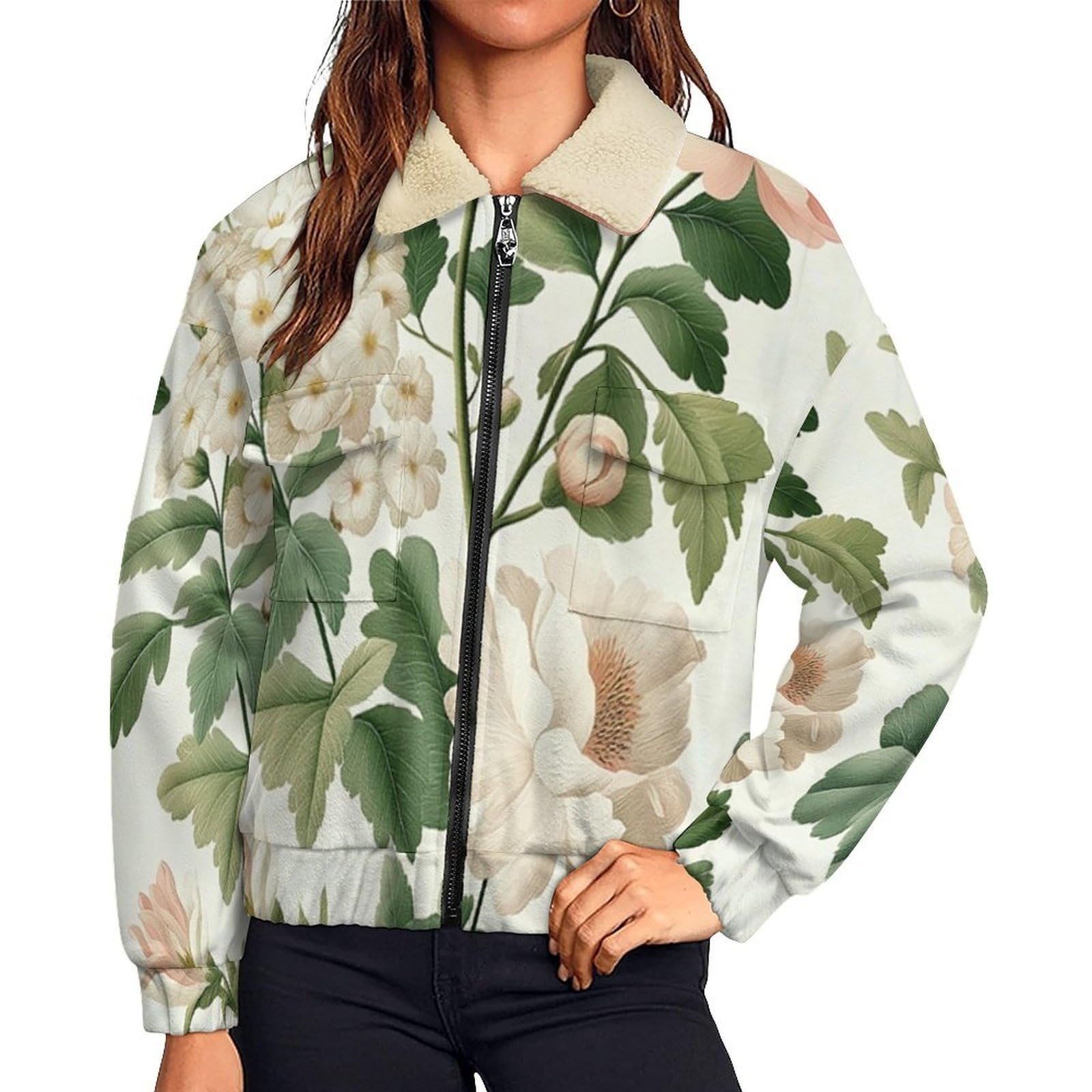 Donna Pile Giacca con Cerniera 2 Face, Piante fiori foglie Retrò, Comoda in Pile di Velluto Spesso e Tasche Giacca Calda, Casual Grande Giacche Autunno e Inverno