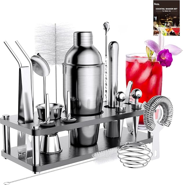 RATEL Cocktail Shaker Set, 18 Piece Stainless Steel Cocktail Making Set, Professional Bartender Kit, Party Essential Bartender Kit, 750ml Shaker, Jigger, Wooden Stand, Cocktail Recipe Booklet Etc