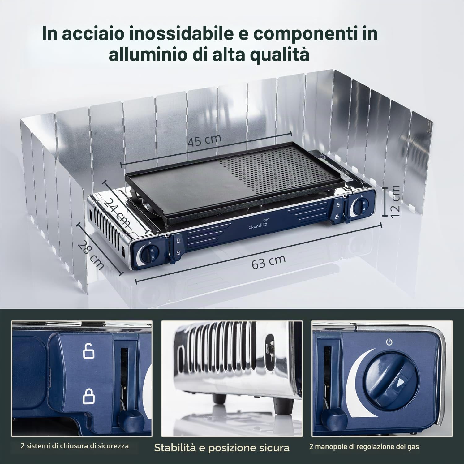 Skandika Fornello a gas Brann | robusto fornello da campeggio per cartucce a gas, valigetta, acciaio inox, regolazione continua, accenditore piezoelettrico (2 fiamme in un set)