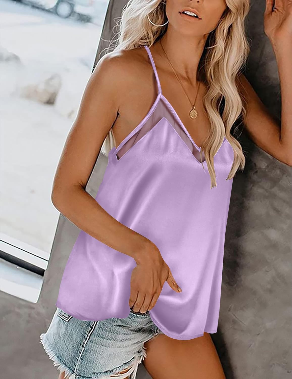 Ekouaer Womens Silk Satin Cami Tank Top 2026 Mesh V-Neck Adjustable Strap Sleeveless Summer Camisole Blouse - Image 5