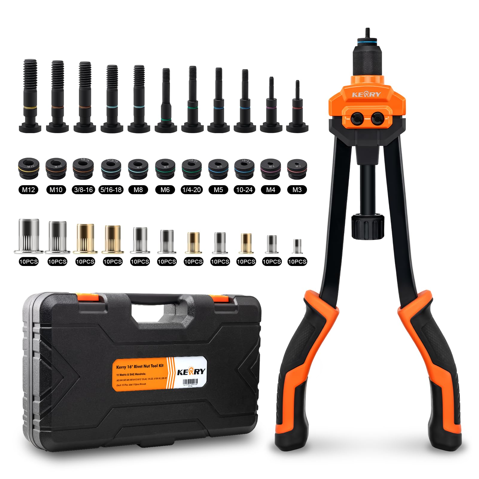 Kerry Strumento per rivetti da 40,6 cm, kit professionale con 11 mandrini metrici e pollici M3 M4 M5 M6 M8 M10 M12, SAE10-24, 1/4-20, 5/16-18, 3/8-16, 110 rivnuts e custodia per soffiaggio
