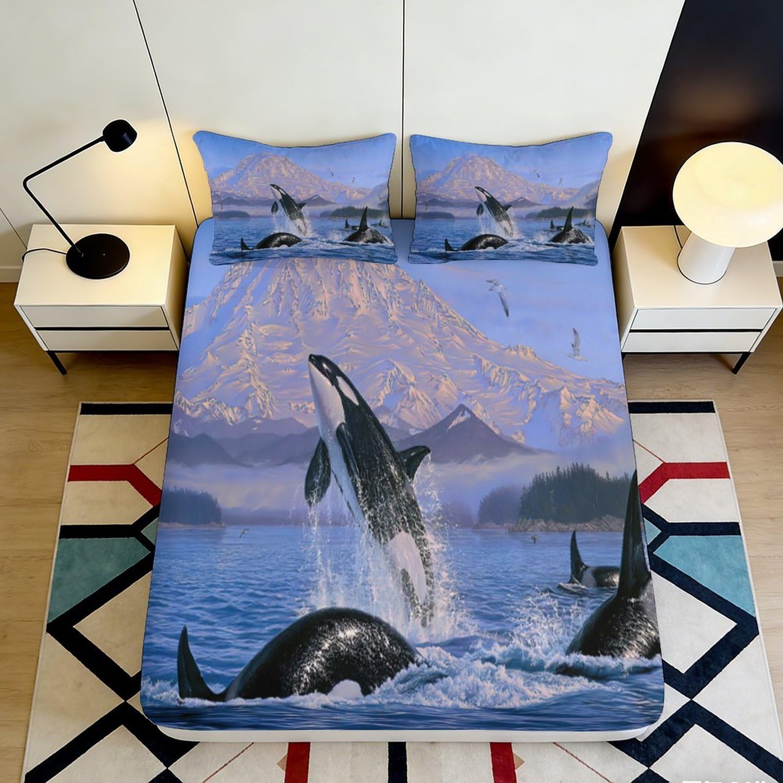 Pnayamiorkfel Style-5 3D Printed Ocean Orca Fitted Sheet Microfiber Soft Blue Whale Mountain Mattress Cover Bedroom Decor 90X200x25cm
