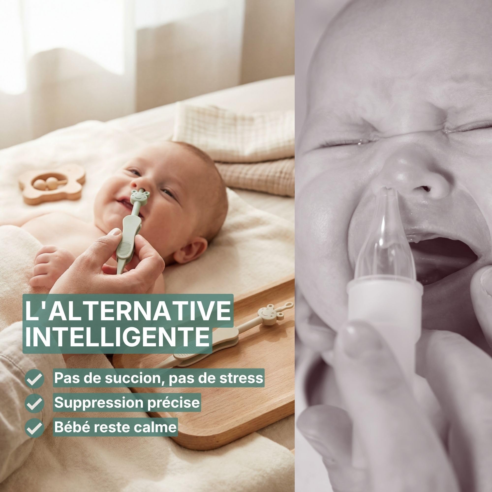 Nettoyeur de nez et d'oreilles pour bébé avec pince incluse - Alternative 3-en-1 au mouche-bébé et à la poire nasale - Sans BPA - Vert/Beige