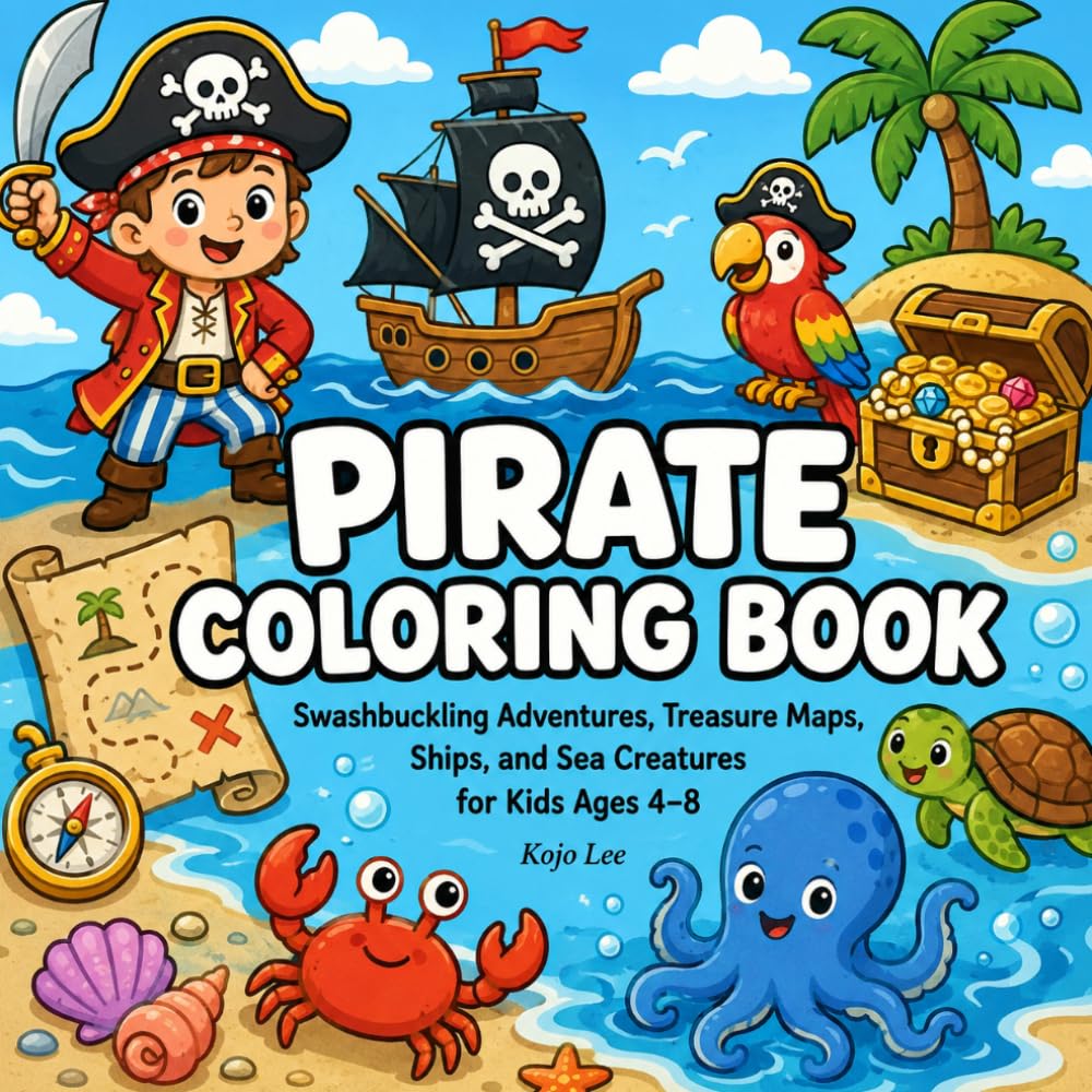 Pirate Coloring Book: Swashbuckling Adventures, Treasure Maps, Ships, and Sea Creatures for Kids Ages 4–8