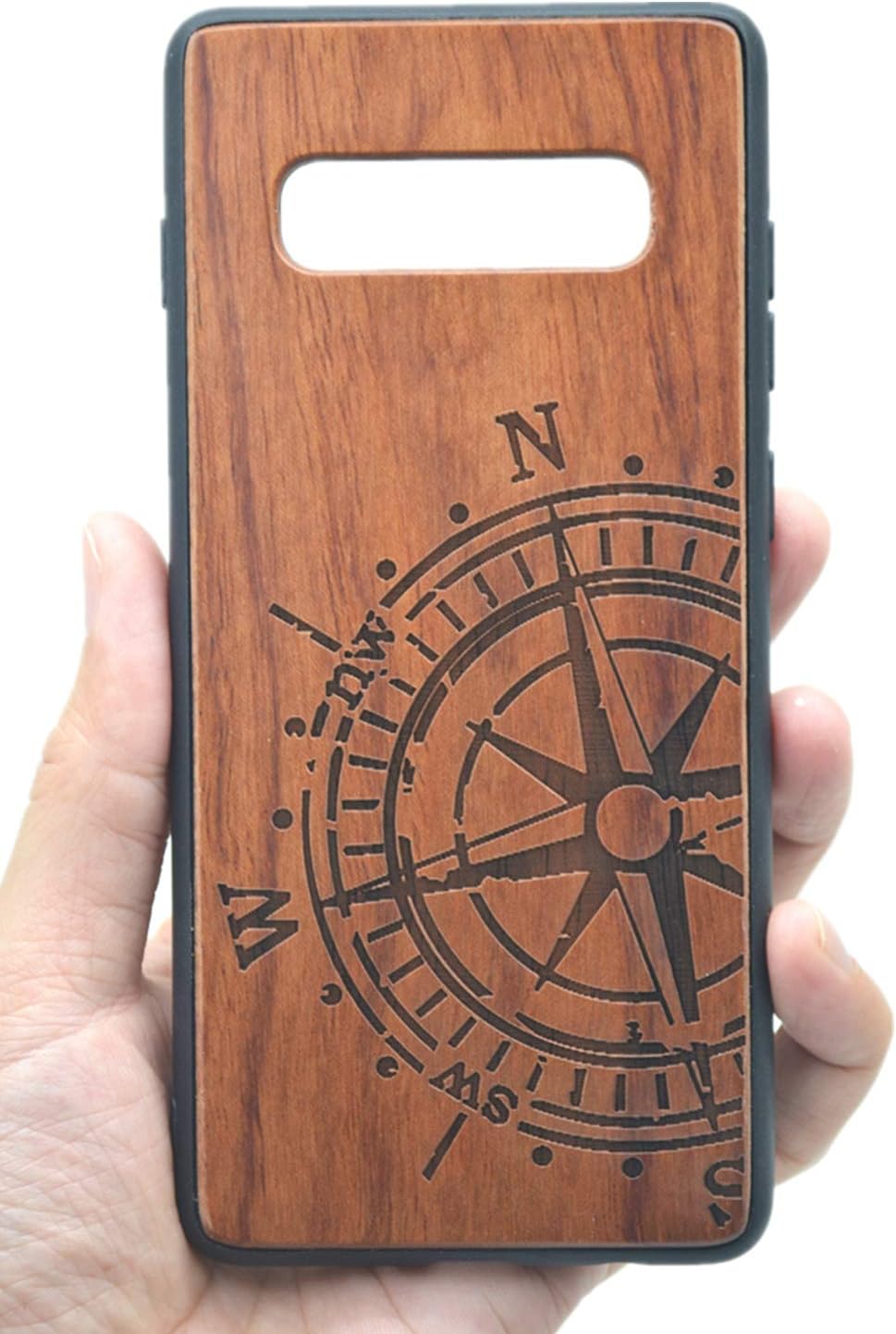 VolksRose Samsung Galaxy S10 Plus Wooden Case - Premium Quality Natural Wood Hard Case Shock Absorbing Protective Phone Cover - Rosewood Compass and TPU