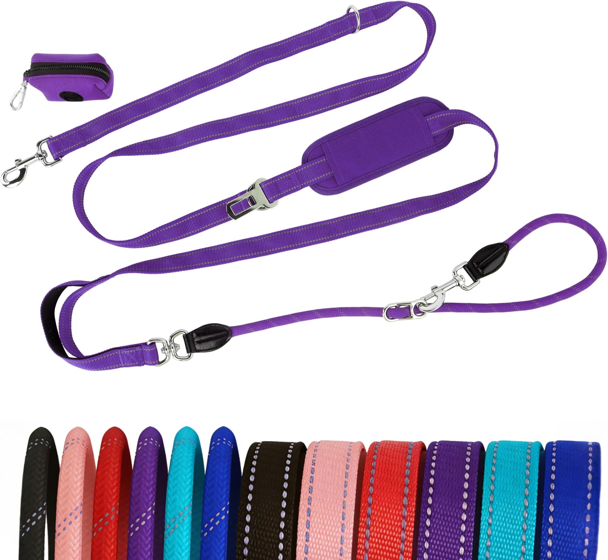 10FT Hands Free Dog Leash for Small Medium Large Dogs, Heavy Duty Reflective Dog Leash with Traffic Handle, Seat Belt Buckle & Poop Bag Holder (Purple)