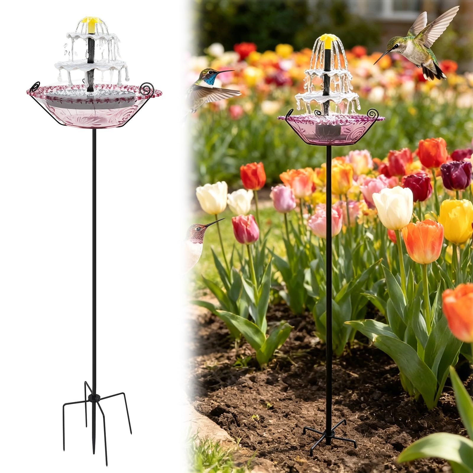 Solar Fountain Bird Bath for Outside, 31In Standing Birdbath with Metal Stake Stand, Flower Bowl Solar Bird Feeder Stake for Outdoor Water Fountain Decor for Garden, Patio, Yard & Lawn