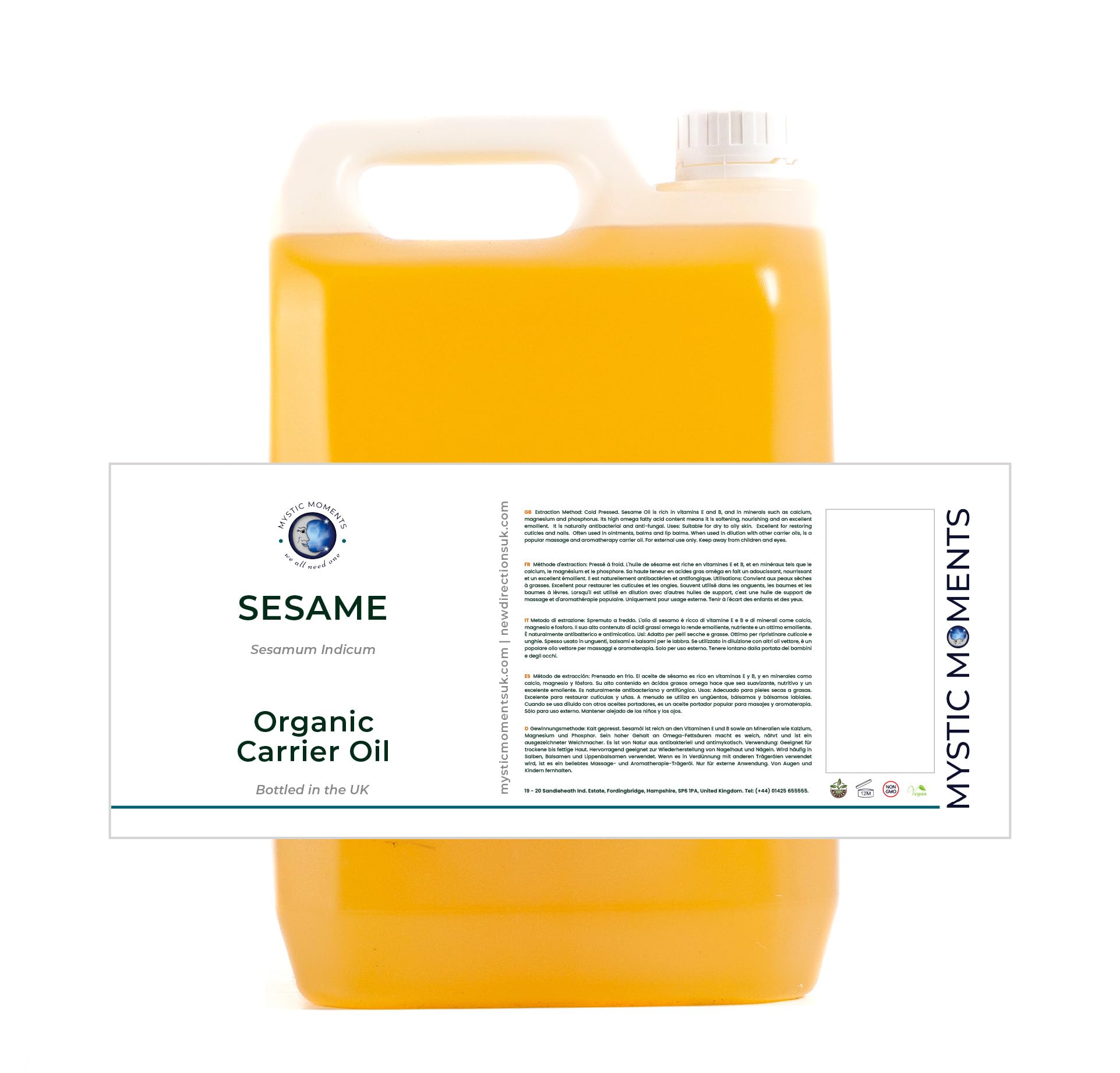 Mystic Moments | Bio-Sesam-Trägeröl | 5 Liter | Bio-Sesam-Öl für Hautpflege, Haarpflege, Massage und kosmetische Mischungen.