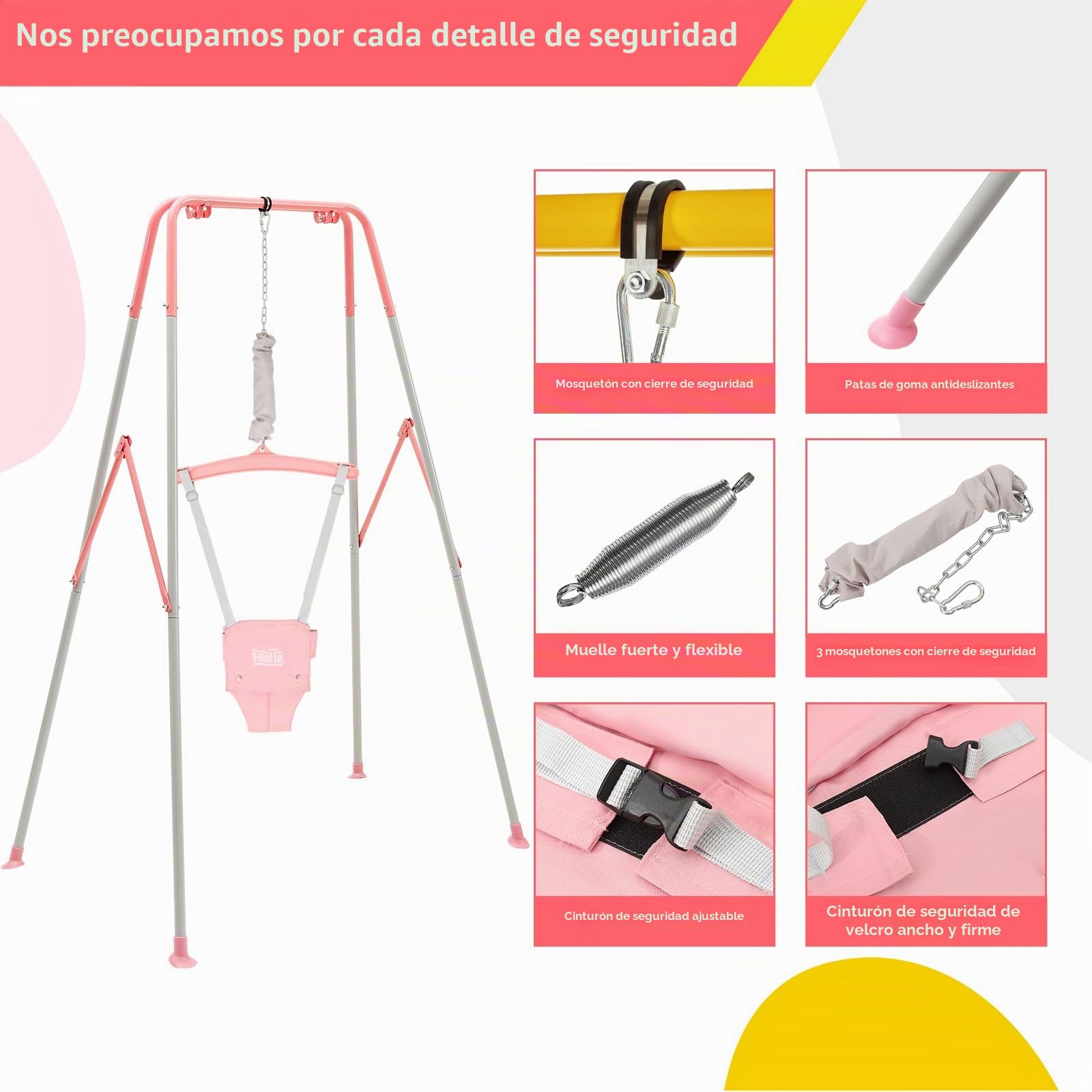 FUNLIO Saltador de puerta con soporte para bebé （6-24 meses) juego de ejercicio de columpio para jugar en interiores/exteriores para bebé niña/niño, con cadena ajustable, fácil de montar - Rosa