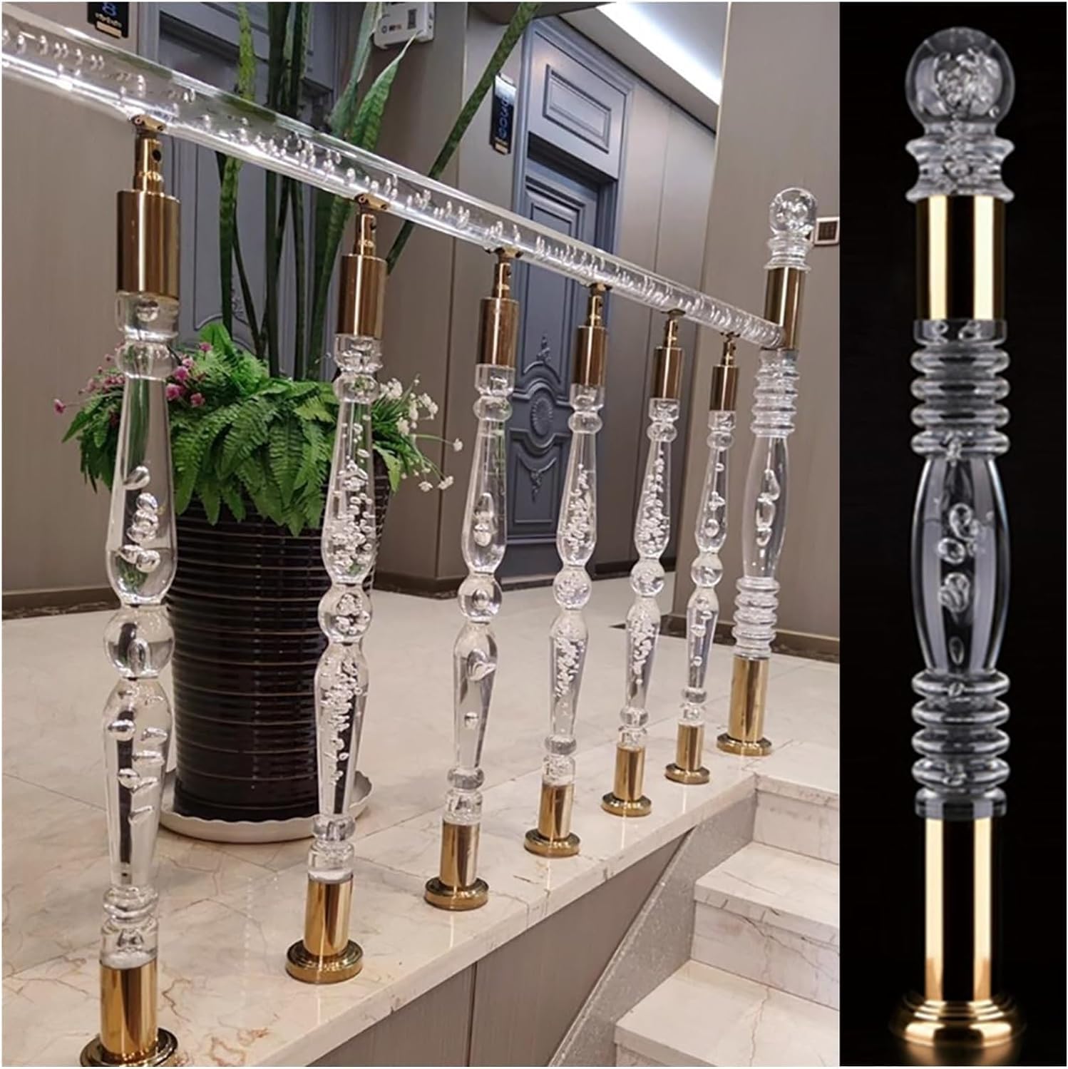 Stair Railing Stair Spindle Clear Acrylic Newel Post with Crystal Cap Finial, Balusters Column End Post for Interior Exterior Stair for Balconies Hallways(Silver,115cm/45,Gold-120cm/47.2n