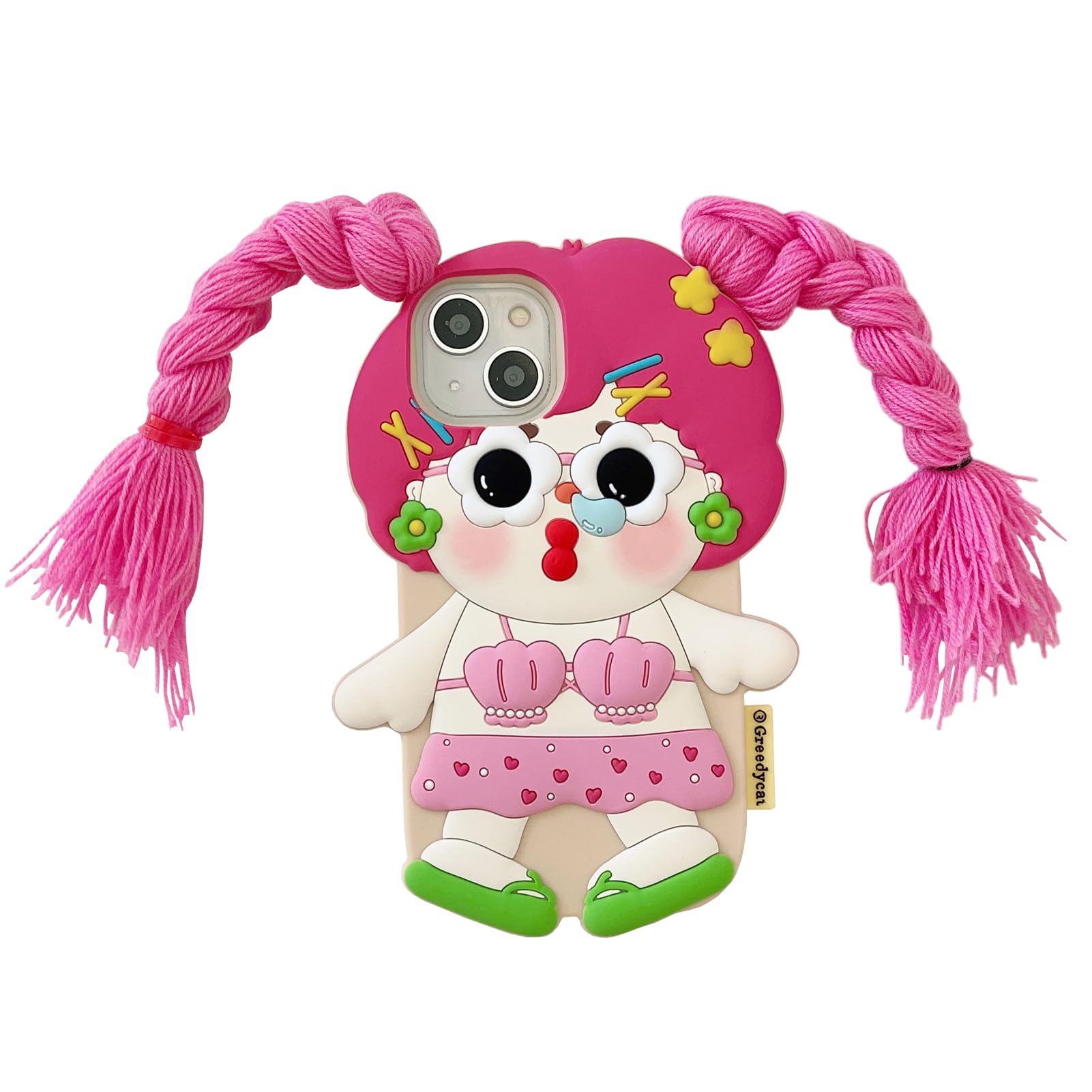 QoKcoahn Case Compatible with iPhone 15,Cute 3D Kawaii Funny Girls Have Long Hair Cartoon Cover with Keychain Soft Silicone Gel Drop Protector Women