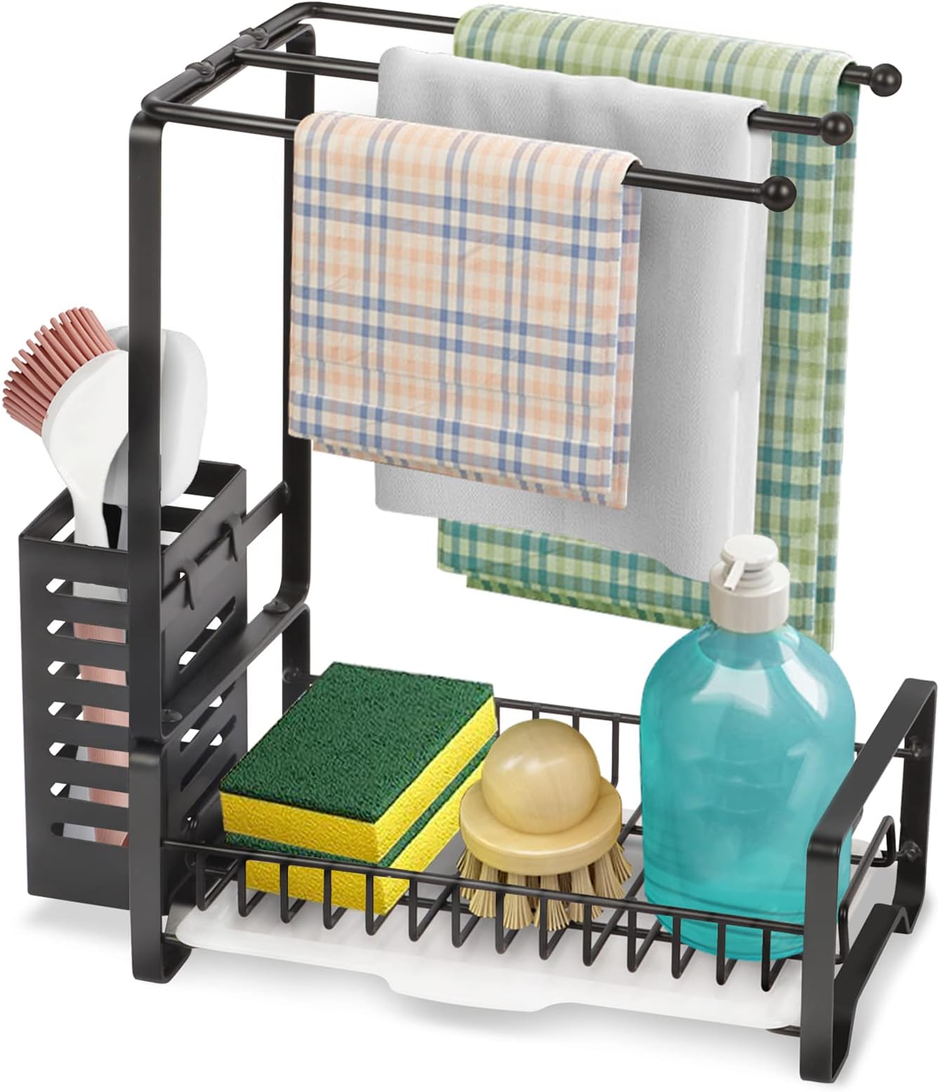 Mutool Sink Caddy Organiser, Sponge Holder with Drain Pan, Kitchen Counter Sink Organiser, Free-standing Sponge Brush Soap Dish Dishcloth Holder Dispenser (Black)