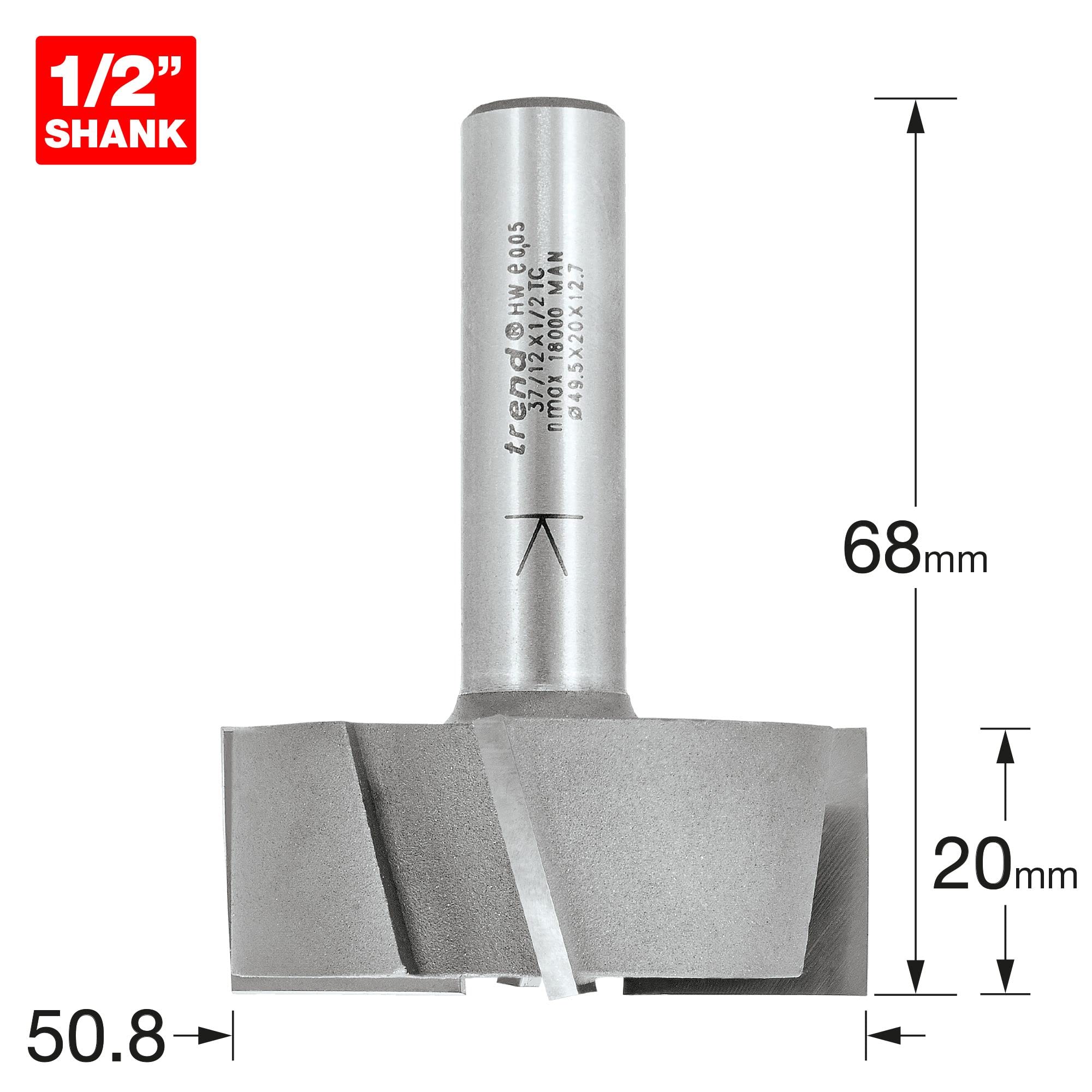 Trend Profesjonalny frez prosty do czopów, trzpień 1/2 cala, średnica 50,8 mm, długość cięcia 20 mm, węglik spiekany (TCT), 37/12X1/2TC