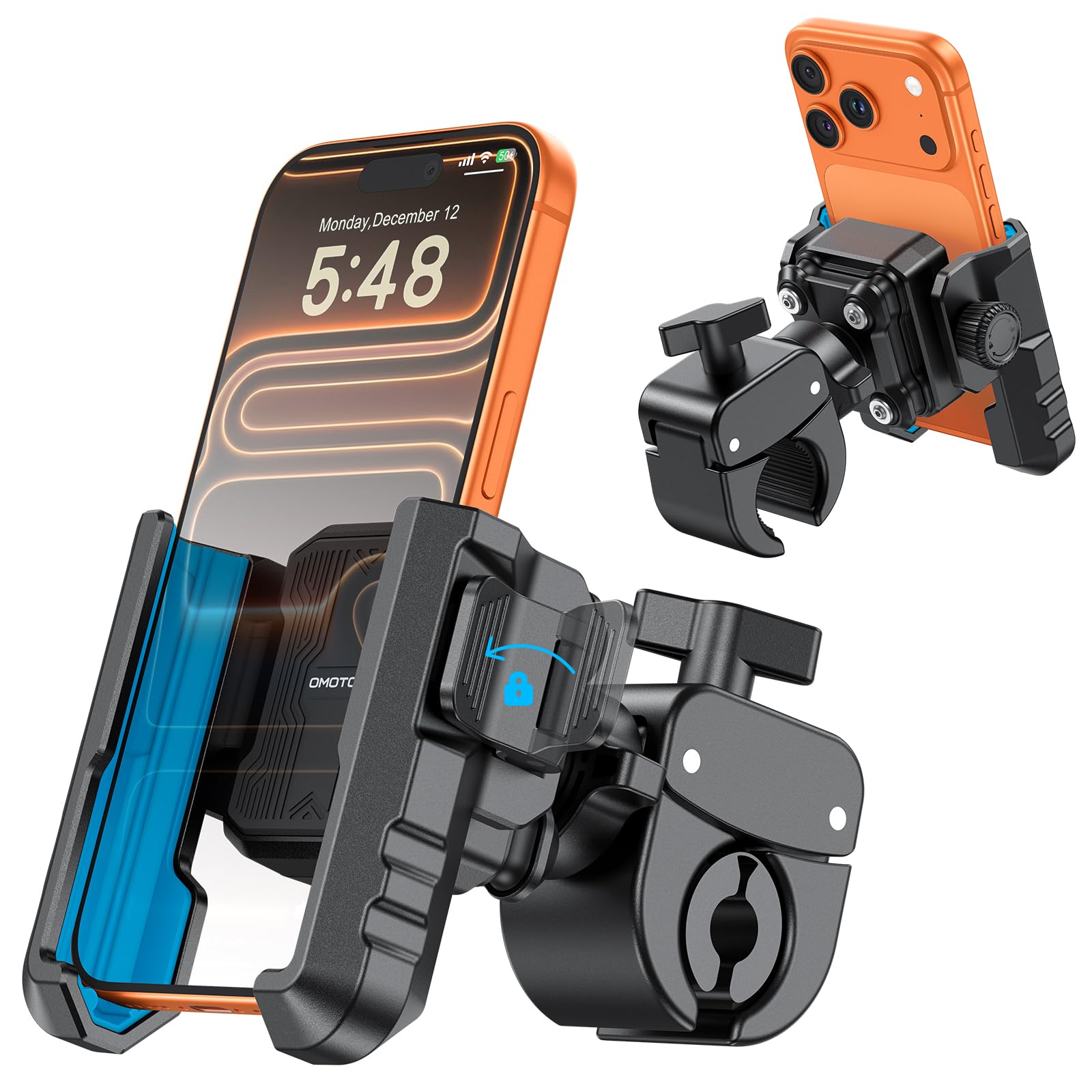 OMOTON BK01 Support de téléphone anti-vibration pour rétroviseur et guidon, support de téléphone de moto résistant aux chocs avec verrouillage rapide, compatible avec iPhone et tous les téléphones