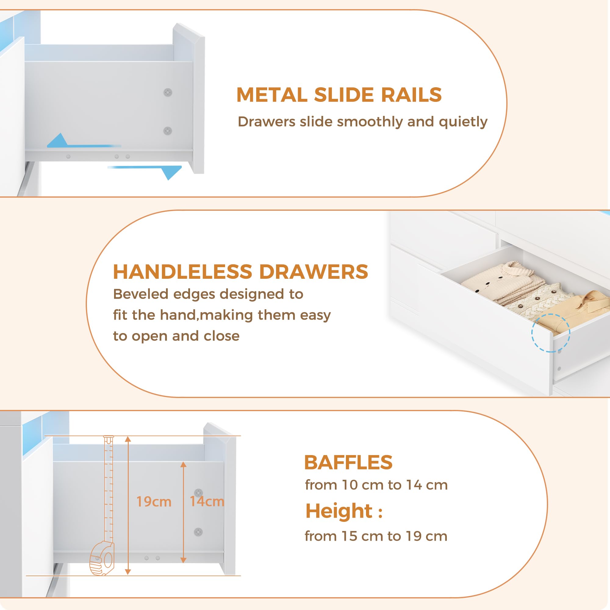 Blanche Commode Chambre à 6 tiroirs, Commode avec éclairage LED