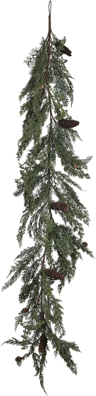 Creative Co-Op Faux Spruce and Pine Garland with Natural Pinecones, Green