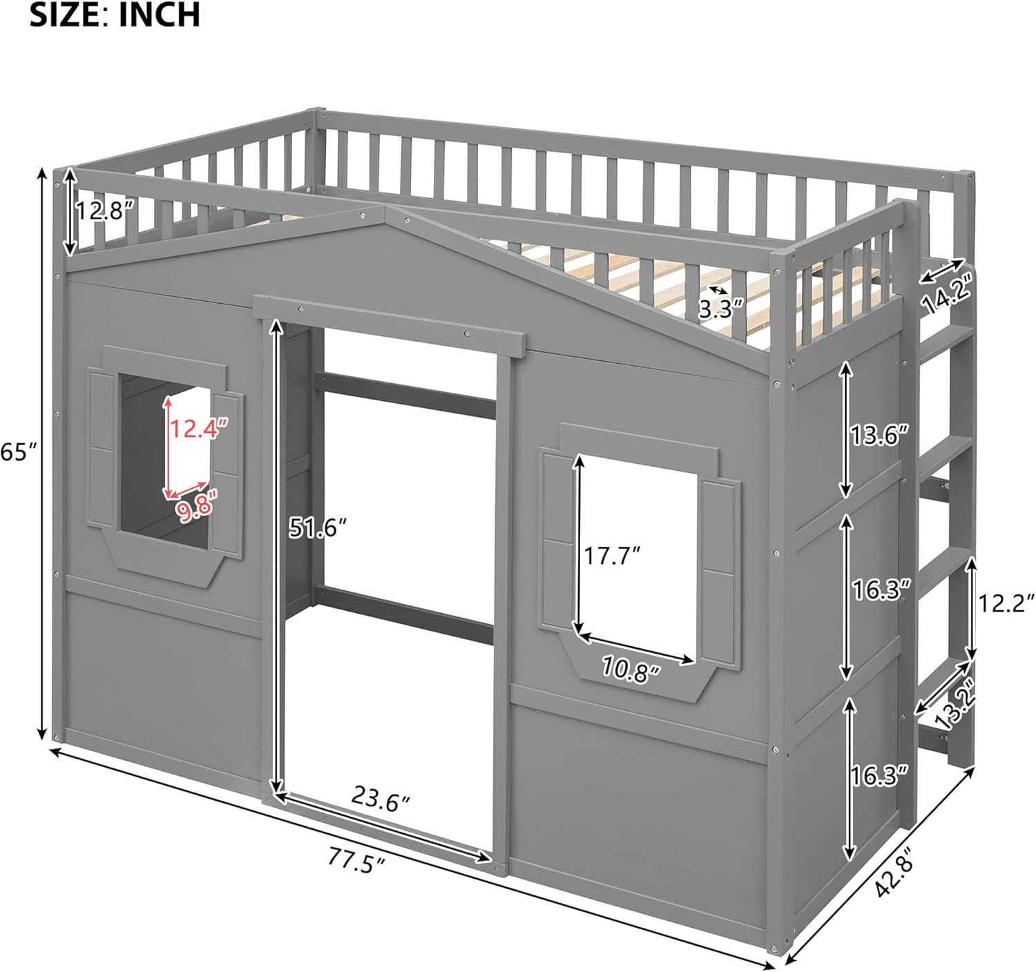 Bellemave Twin Size Loft Bed with Play House Shape, Loft Bed Frame with Windows, Entertainment Space and Ladders for Kids, Boys, Girls and Teens, No Spring Needed (Gray)