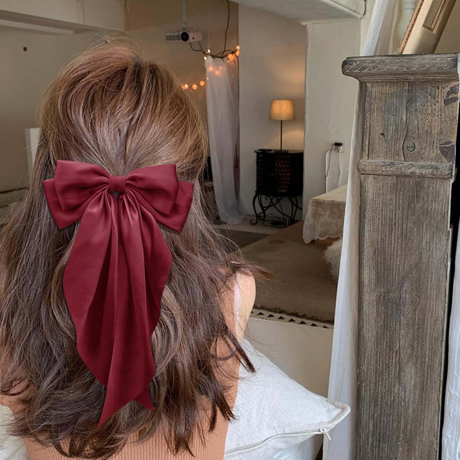 Large Hair Bows for Women Deep Red Silky Satin Hair Bow Hair Clips Long Tail Oversize Hair Ribbon Coquette Bows Hair Accessories for Girls image 3