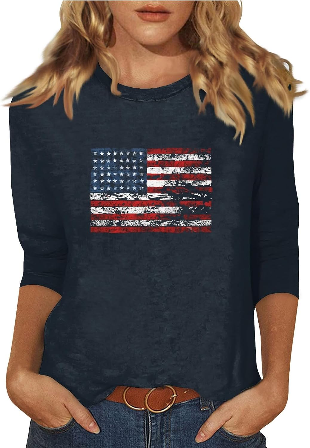 Women's American Flag Shirt, 3/4 Sleeve Crewneck Tshirt, Casual Patriotic Blouses, S-3XL