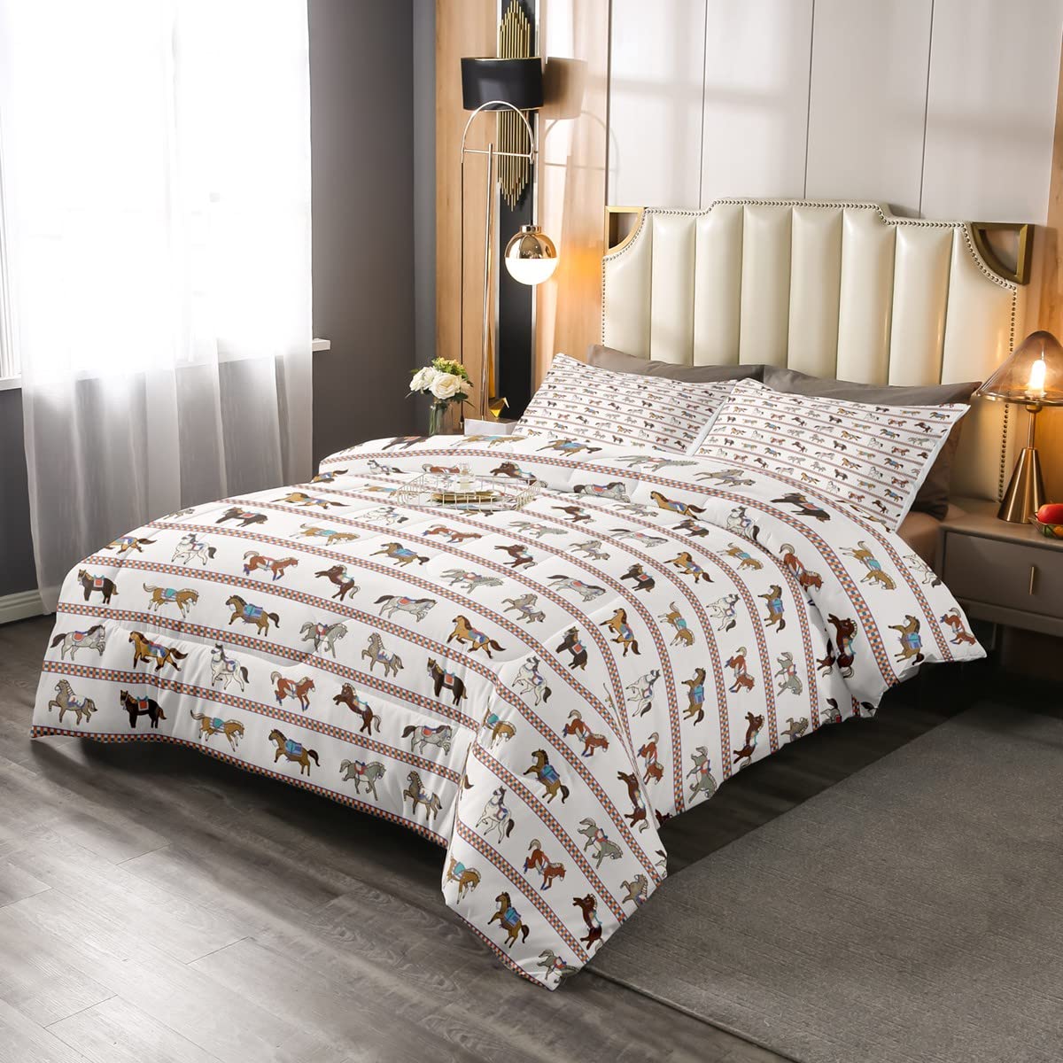 Kids Cute Horse Bedding Set Cartoon Steed Horse Duvet Set Boys Girls Lovely Wild Animal Exotic Tribal Brown 3Pcs King Size — image 1