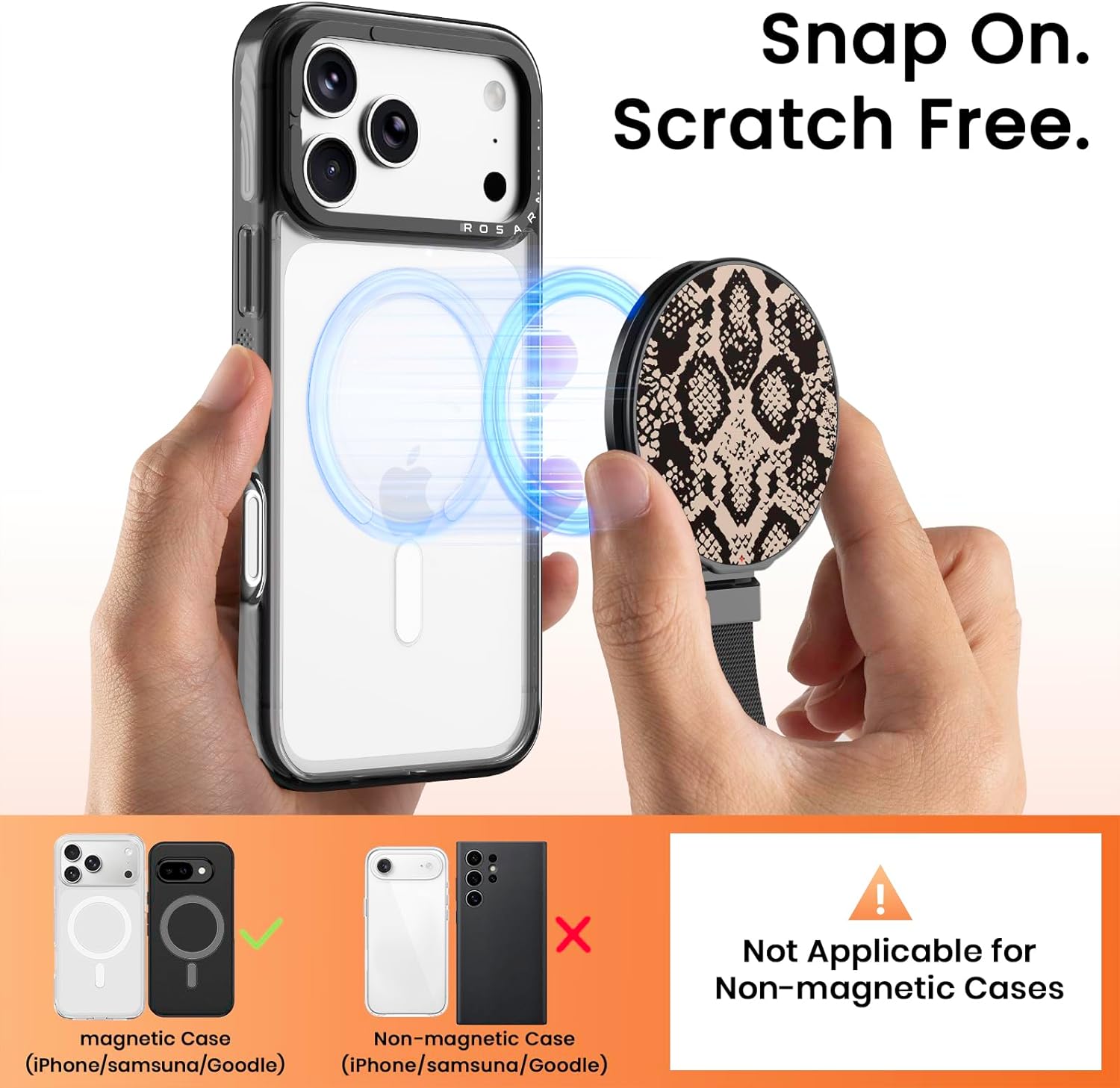 Rosarnnah Phone Grip with Dual-Sided Magnetic for Magsafe - Adjustable Cell Phone Strap Stand Finger Ring Kickstand - Compatible with iPhone 17 Pro Max 16 15 14 13 12 Accessories - Python Print