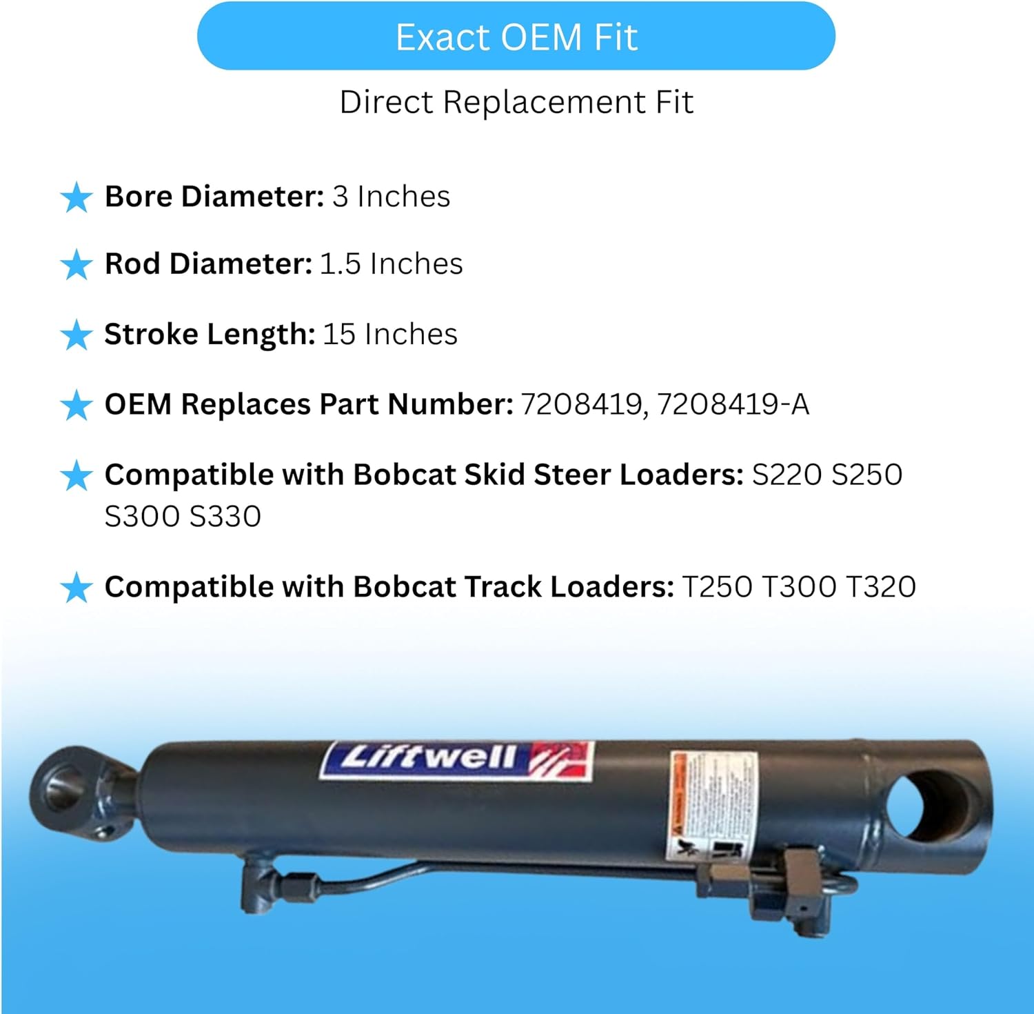 Bucket Tilt Cylinder 7208419 7208419-A Compatible with Bobcat Skid Steer Loaders S220 S250 S300 S330 & Track Loaders T250 T300 T320