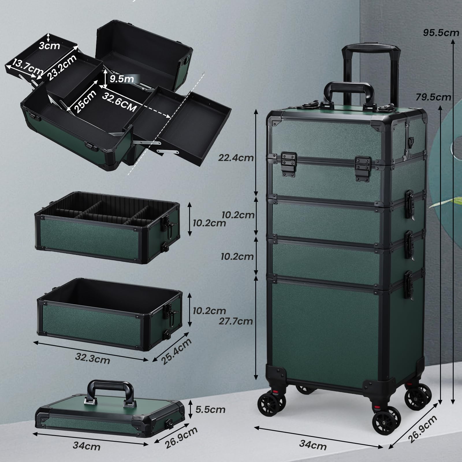 Valise de Maquillage Professionnelle - Mallette à Ongles et Coiffure, Structure Renforcée, 5 en 1 avec roulettes 360°, Serrure et Poignée Téléscopique, Idéale pour Rangement Professionnel,Vert