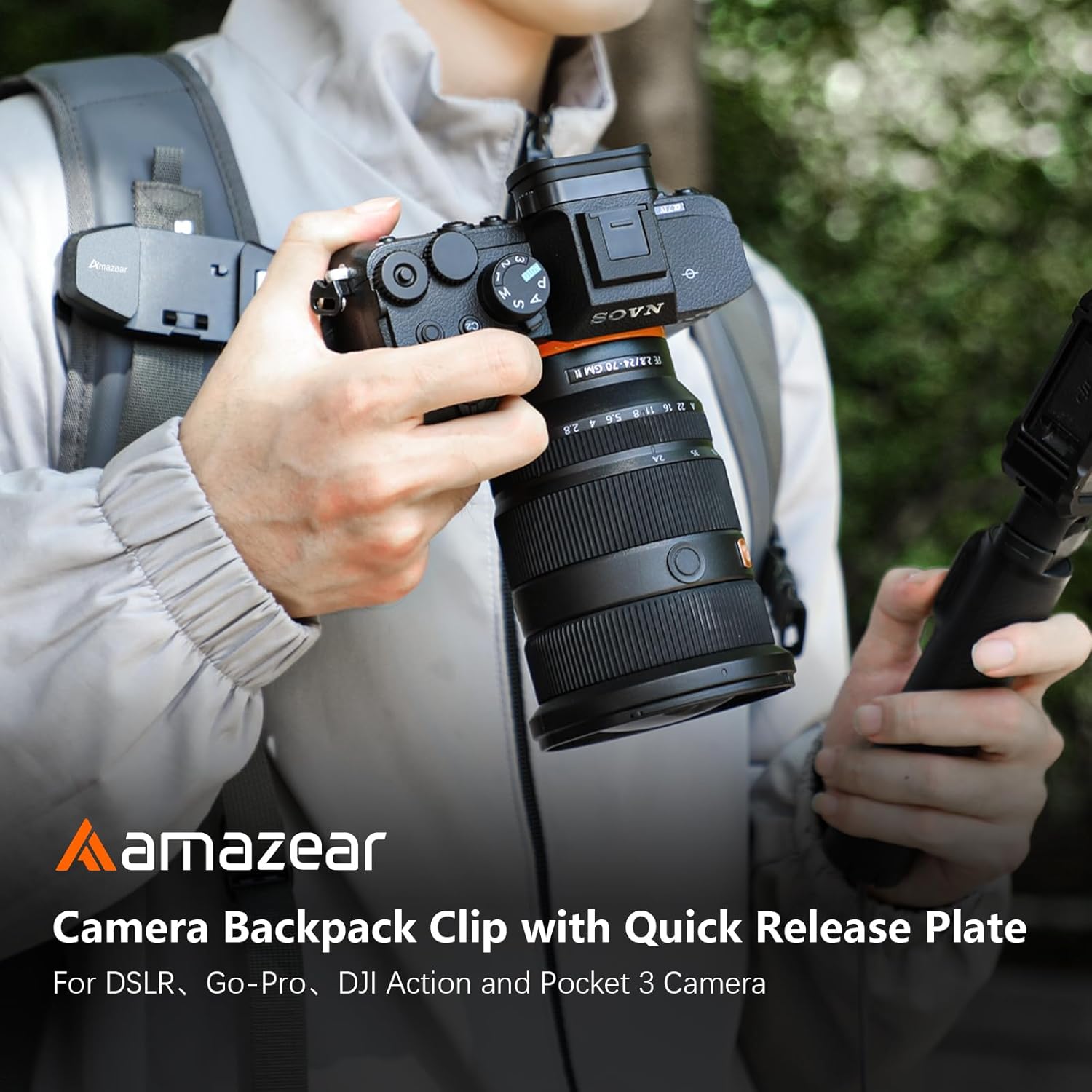 AMAZEAR Upgraded Camera Backpack Clip for DSLR, One-Handed Operation Bag Strap Belt Clip with Quick Release Plate Mount for Canon Nikon Sony Fuji Go-Pro Action Cam with Safety System V2, Black