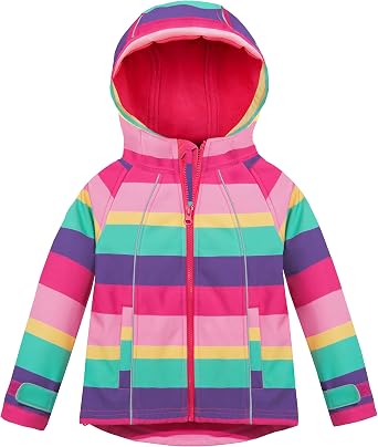 Hiheart Girls Fleece Lined Outerwear Hooded Striped Windproof Softshell Jacket