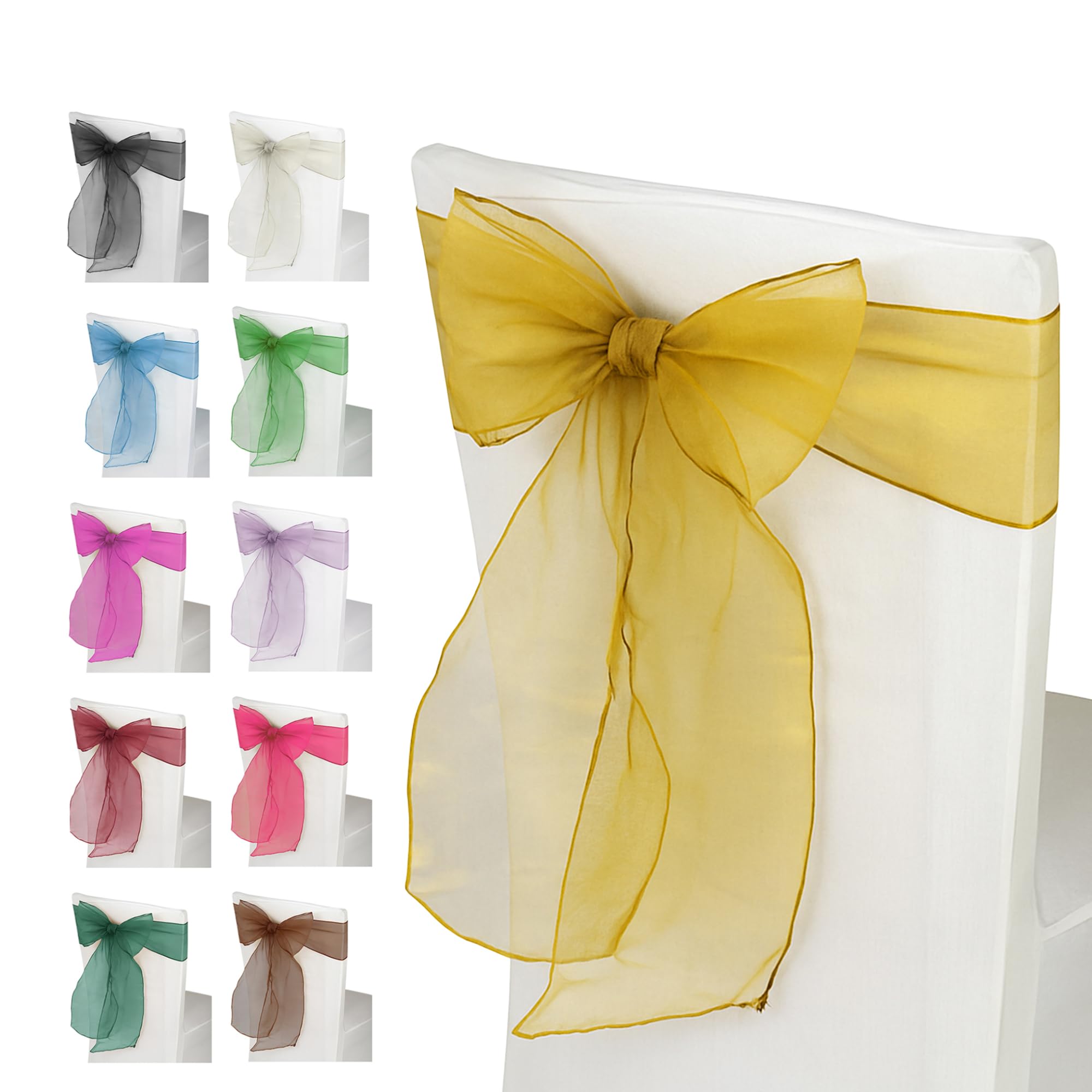 Trimming Shop Organza Chair Sashes - Bright Gold - Sheer Sash Ties, 17x280cm Reusable Organza Fabric Seat Bows for Wedding Chairs, Proms, Dining Table Styling & Event Decorations, 100pcs