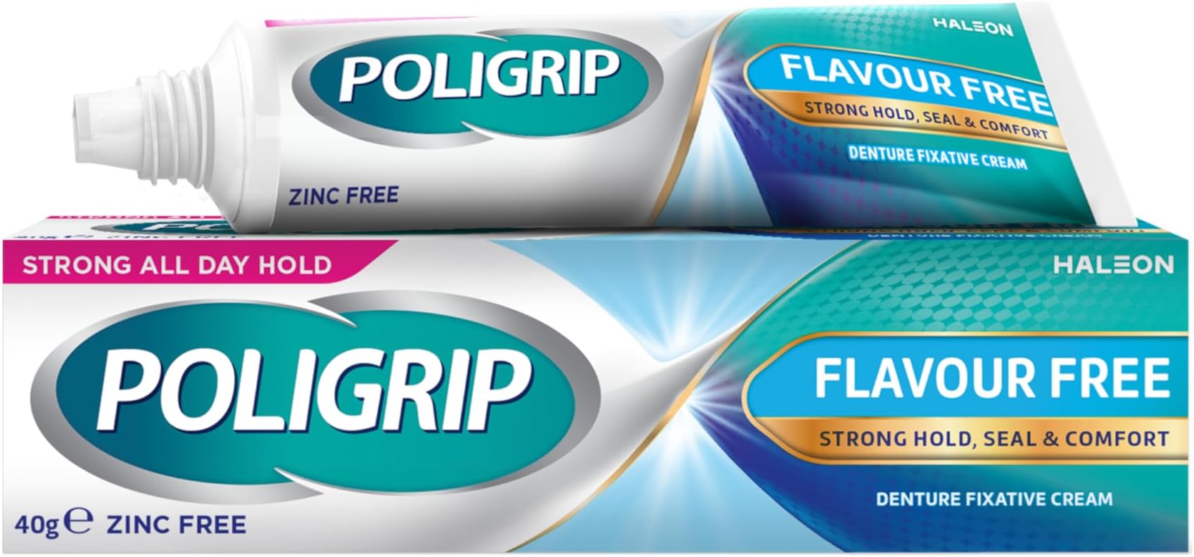 Poligrip Denture Adhesives Flavour Free Cream, Provides Strong all-day Hold for Dentures, 40g