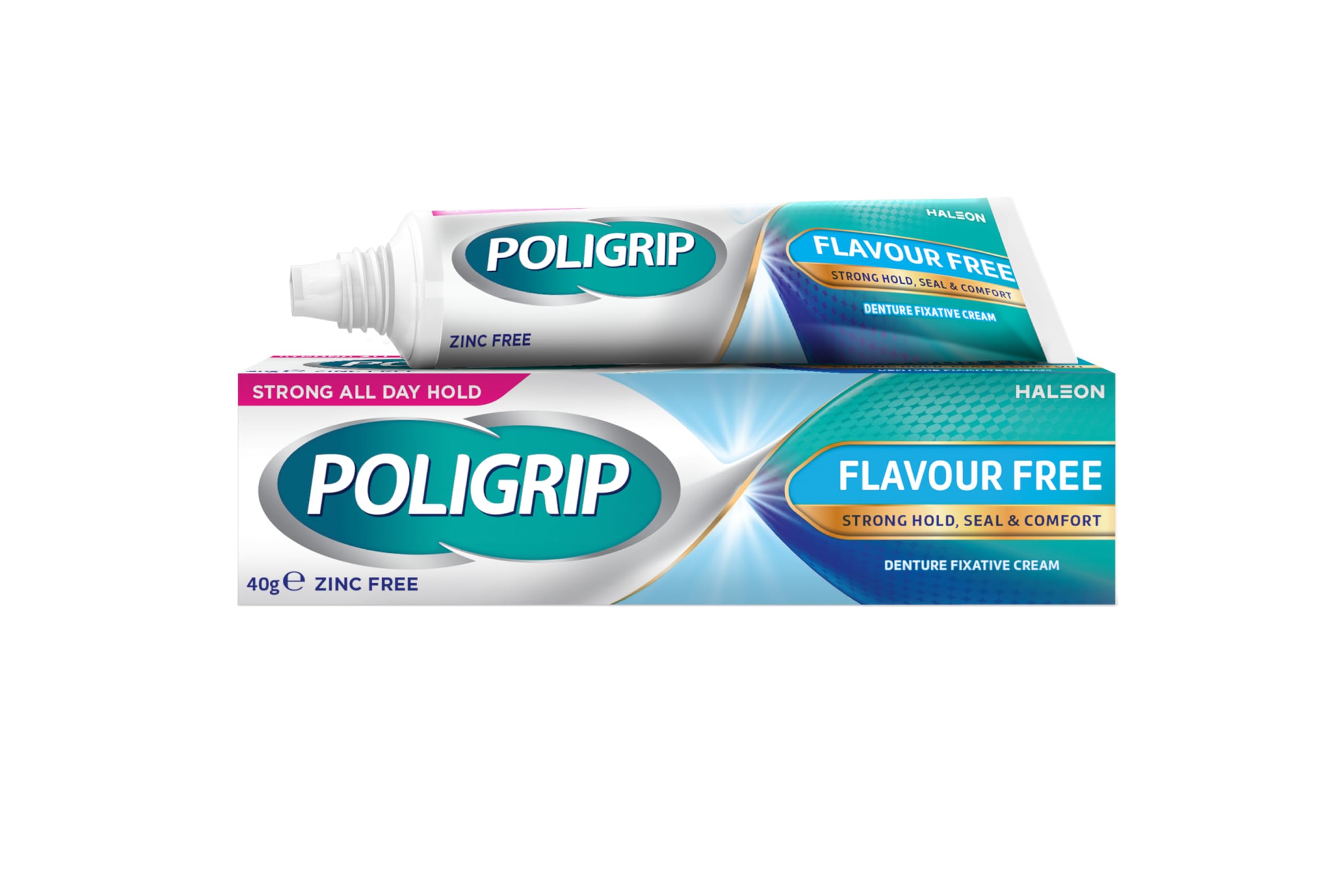 Poligrip Denture Adhesive Fixative Cream, Adhesive Flavour Free for strong all-day hold of dentures, 40g