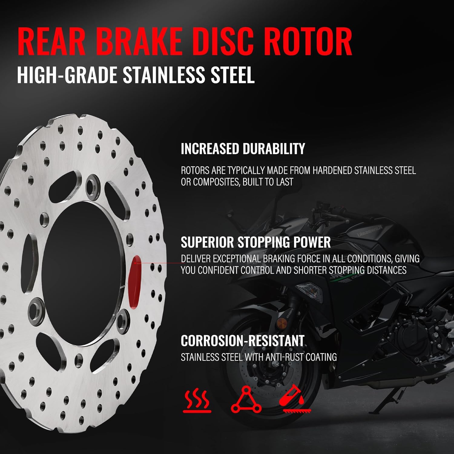 220mm Rear Brake Rotor Disc Compatible with Kawasaki NINJA 300 EX300 ABS 2013-2018 Versys X300 X 300, 420 Stainless Steel Motorcycle Brake Rotor