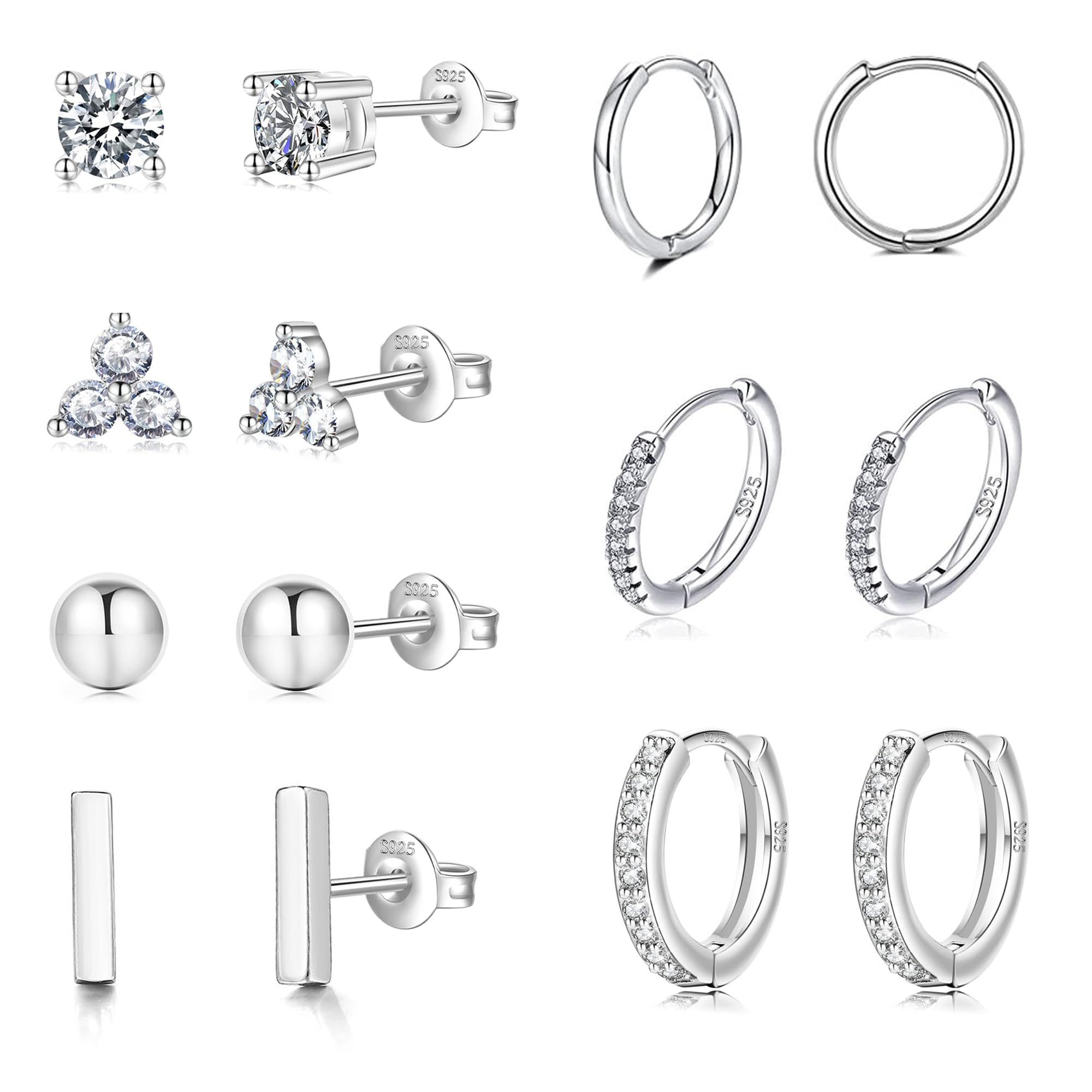 KENIY Sterling Silver Earrings Set - 7 Pairs (4 Studs, 3 Hoops) for Women - Hypoallergenic, Multiple Piercings, Nickel-Free