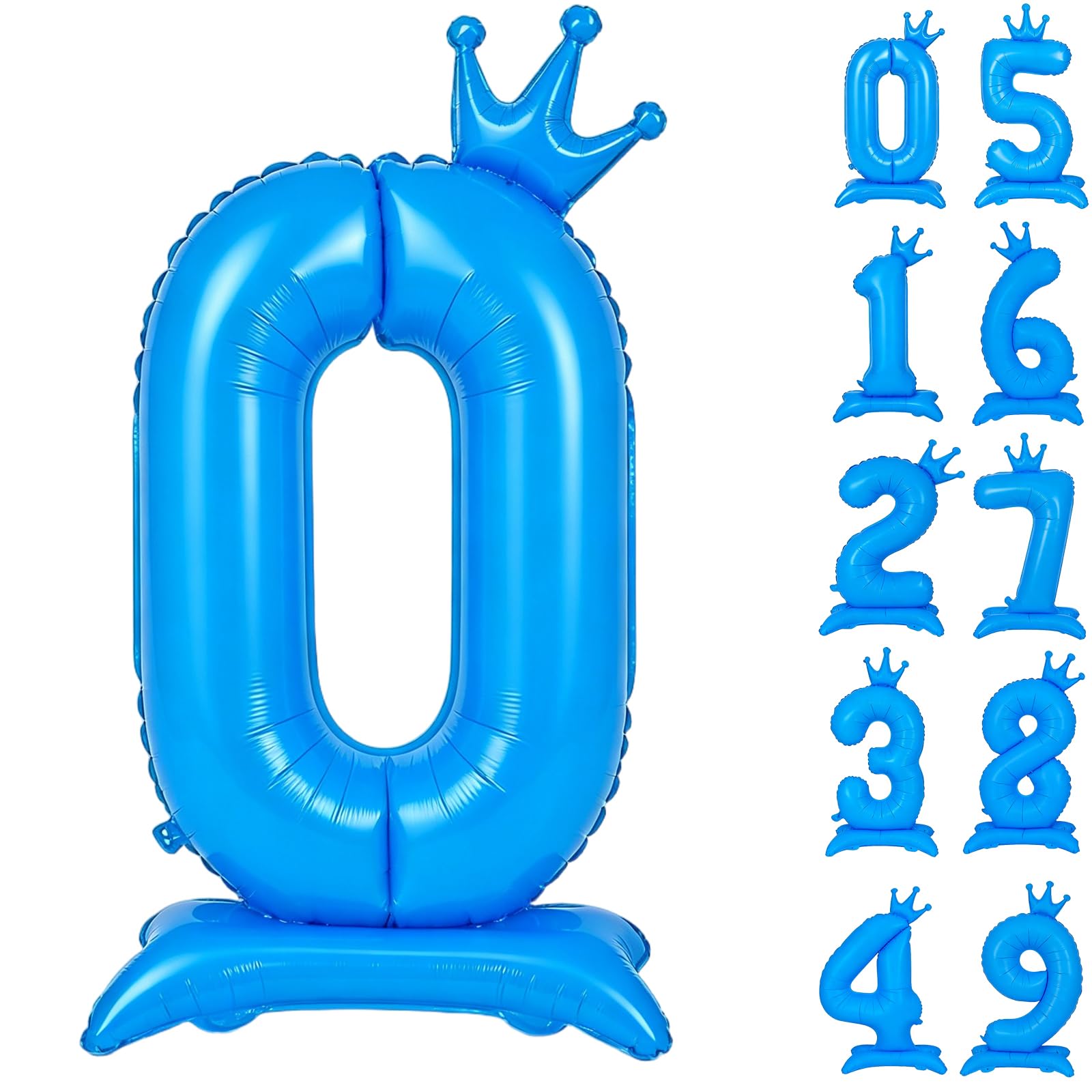 Fluorescent Blue Number 0 Balloon 42 Inch Standing Balloons 0-9 Fluorescent Blue Crown Balloons 0 Giant Foil Number 0 Balloon with Crown Birthday Party Decorations Supplies