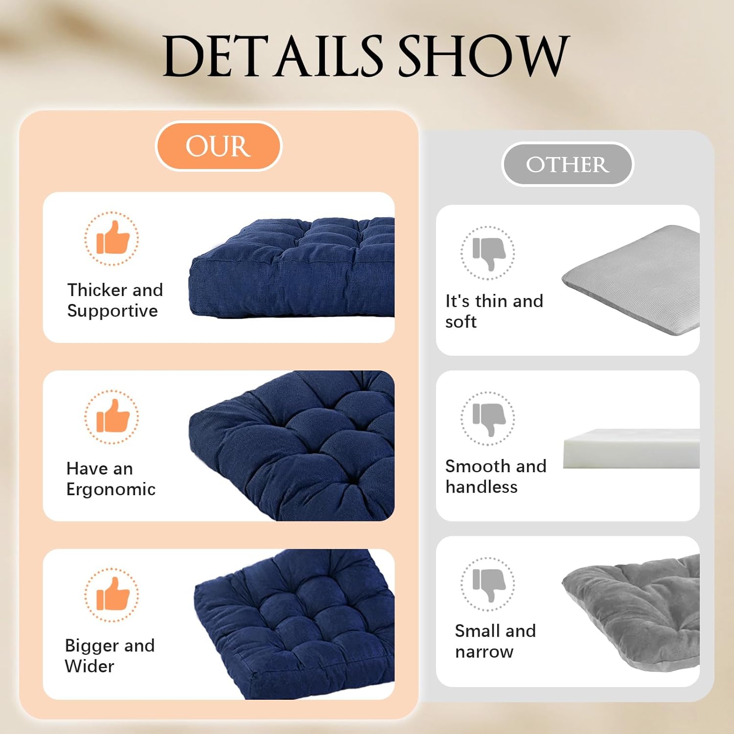 Meditation Floor Cushions Set of 2, Thickened Floor Pillow for Adults, Large Square Pillows Seat Cushion for Tatami Living Room Yoga, Memory Sponge Block Added, 22x22 Inch, Drak Blue