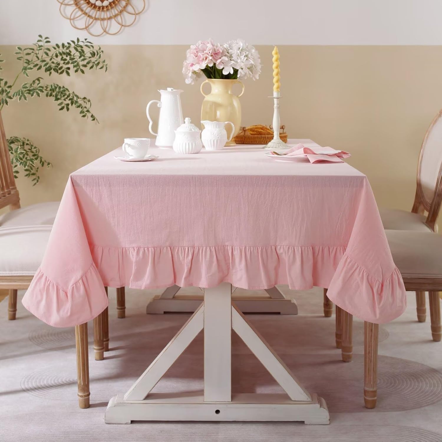JadeRich Solid Color Ruffled Tablecloth Cotton Rectangular Square Table Cover Decoration for Kitchen Dinning