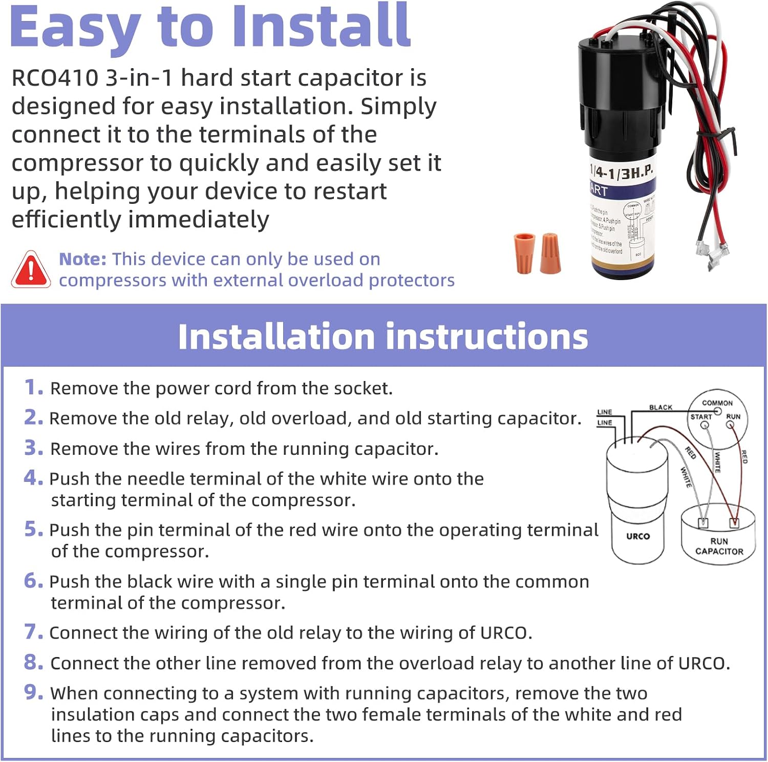 PalpitateC RCO410 3-in-1 Hard Start Kit Compatible with Refrigerators & Freezers 115V Compressor Capacitor for 1/4-1/3 HP fit for TJ90RCO410, AP4503017, 600-410, ERP410, HS410, URC0410