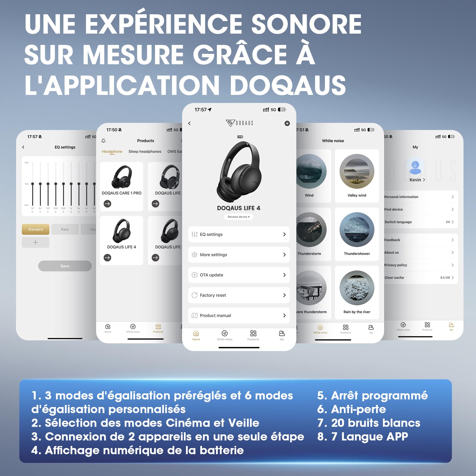 DOQAUS Casque Bluetooth sans Fil 90H Durée Lecture avec 3 Modes EQ Bluetooth 5.3, Casque Bluetooth,Cache-Oreilles protéines Souples,Casque sans Fil stéréo HiFi Microphone pour Voyage/Travail/Vie