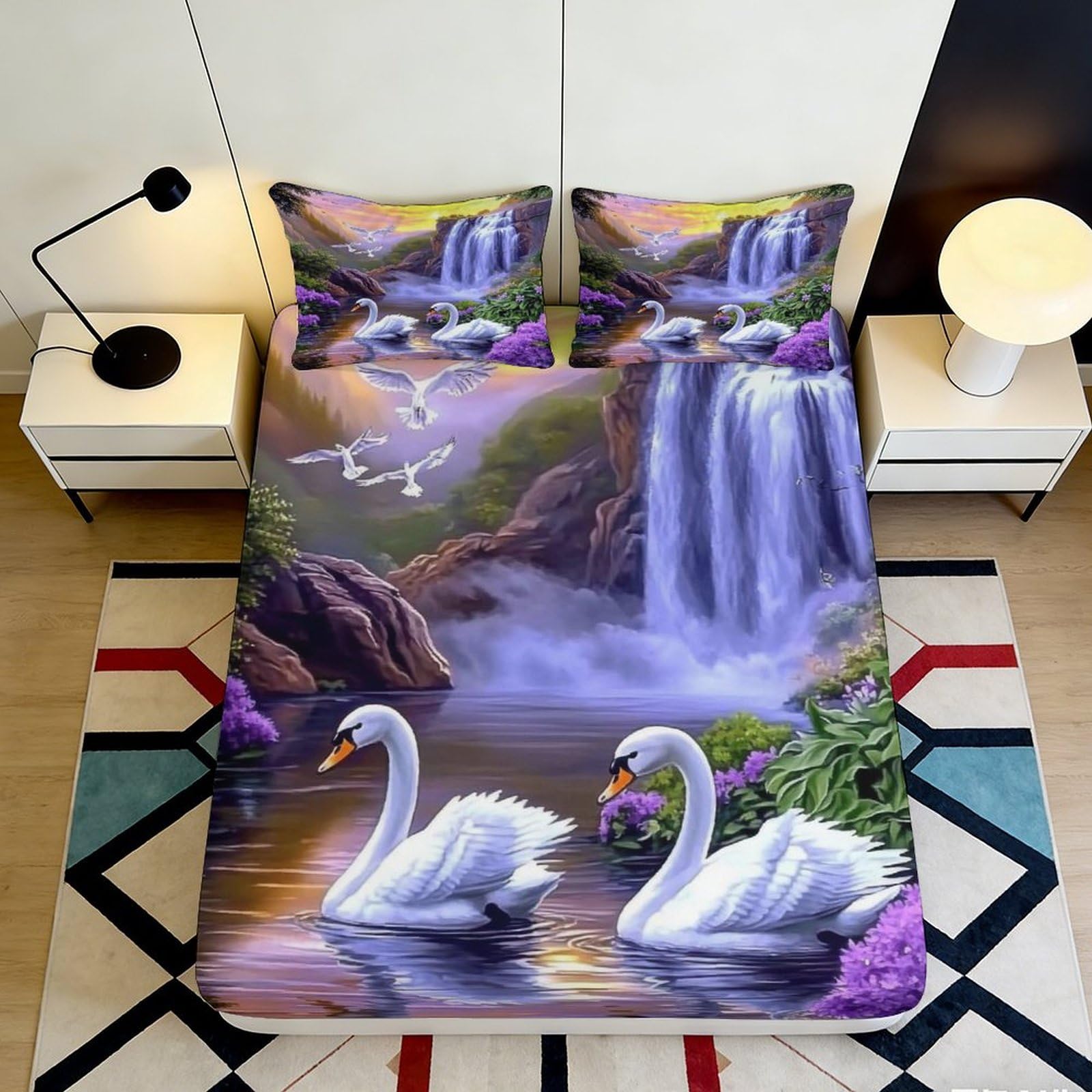 3D Printed Swan Waterfall Fitted Sheet Microfiber Soft Breathable Lake Scene Bed Cover for Bedroom Dormitory Guest Room Mattress Protection 200x200x25cm