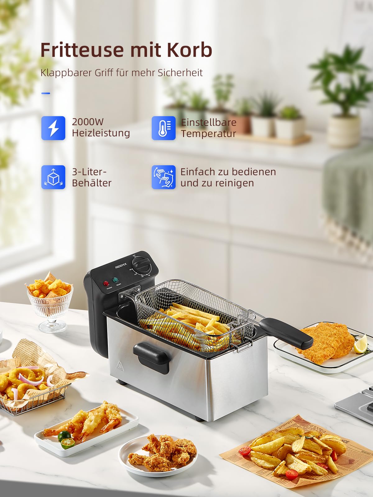 Fritteuse 3 Liter, Cool Zone Technologie, Verstellbarer Thermostat bis 190°C, 2000W Kaltzonenfritteuse mit Großem Sichtfenster und Doppel-Thermostat
