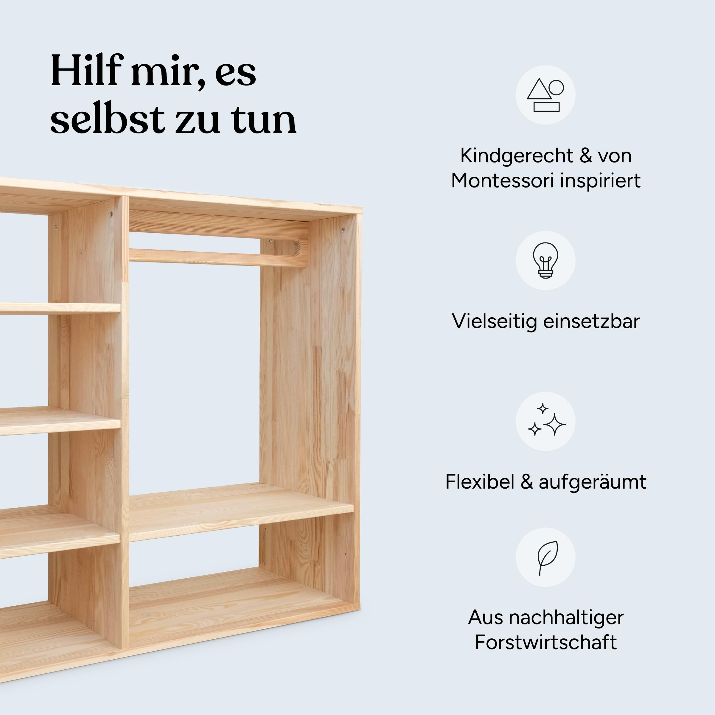 Ehrenkind® Montessori Kleiderschrank | Kinderregal Kiefer Natur | Kinderschrank FSC Zertifiziert | Garderobe für das Kinderzimmer in 100x100x40 | Kleiderschrank Kinderzimmer | Kinderzimmer Möbel